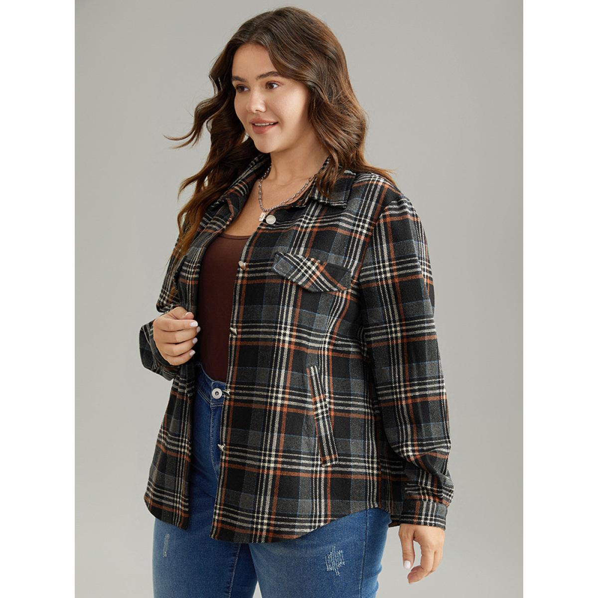 Plus Size Plaid Button Fly Flap Pocket Shacket Women Black Contrast Pocket Dailywear Jackets BloomChic 14-16/1X Product Image