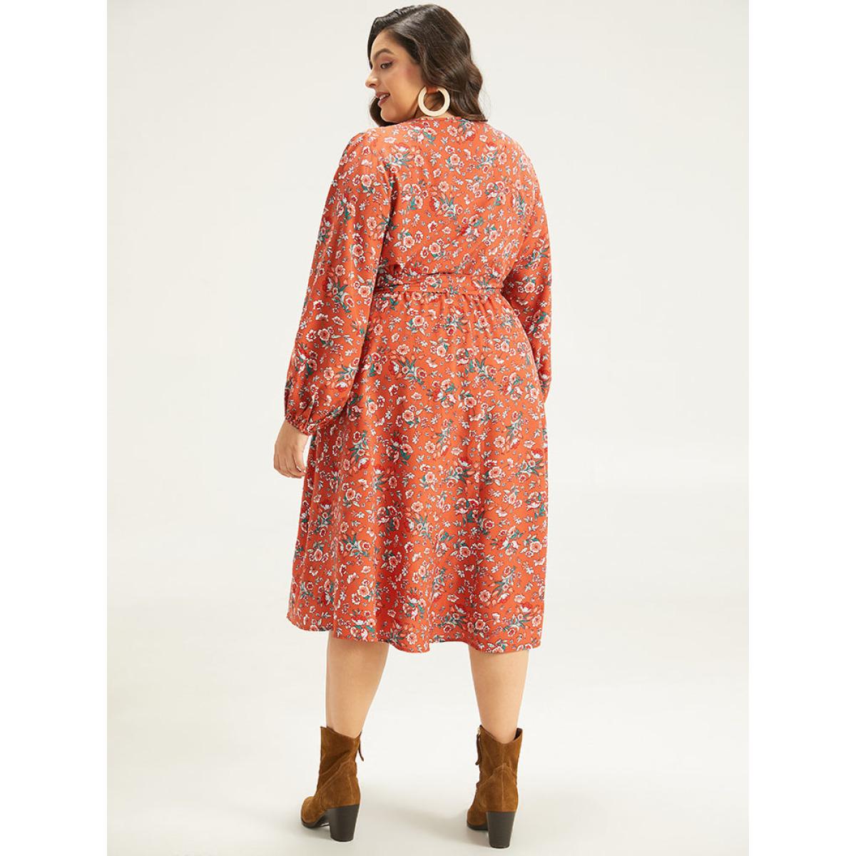 Plus Size Floral Print Belted Elastic Cuffs Dress Rust Women Elegant Elastic cuffs V-neck Long Sleeve Curvy Midi Dress BloomChic 28/5X Product Image