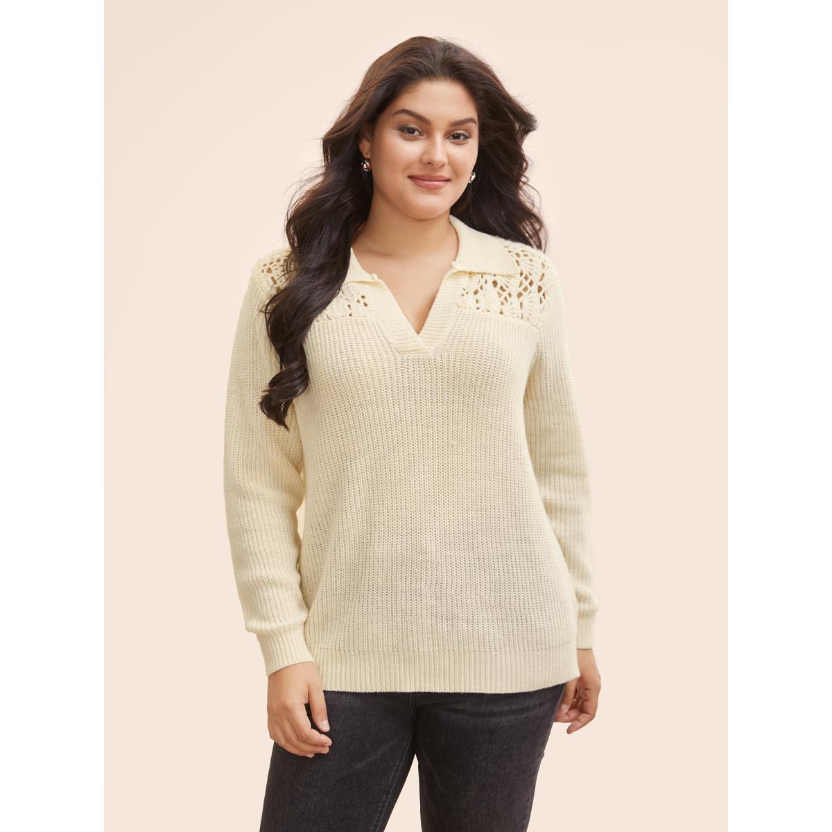 Plus Size Hand Crocheted Polo Collared Pullover Beige Women Leisure Long Sleeve Polo Casual Pullovers BloomChic 28/5X Product Image