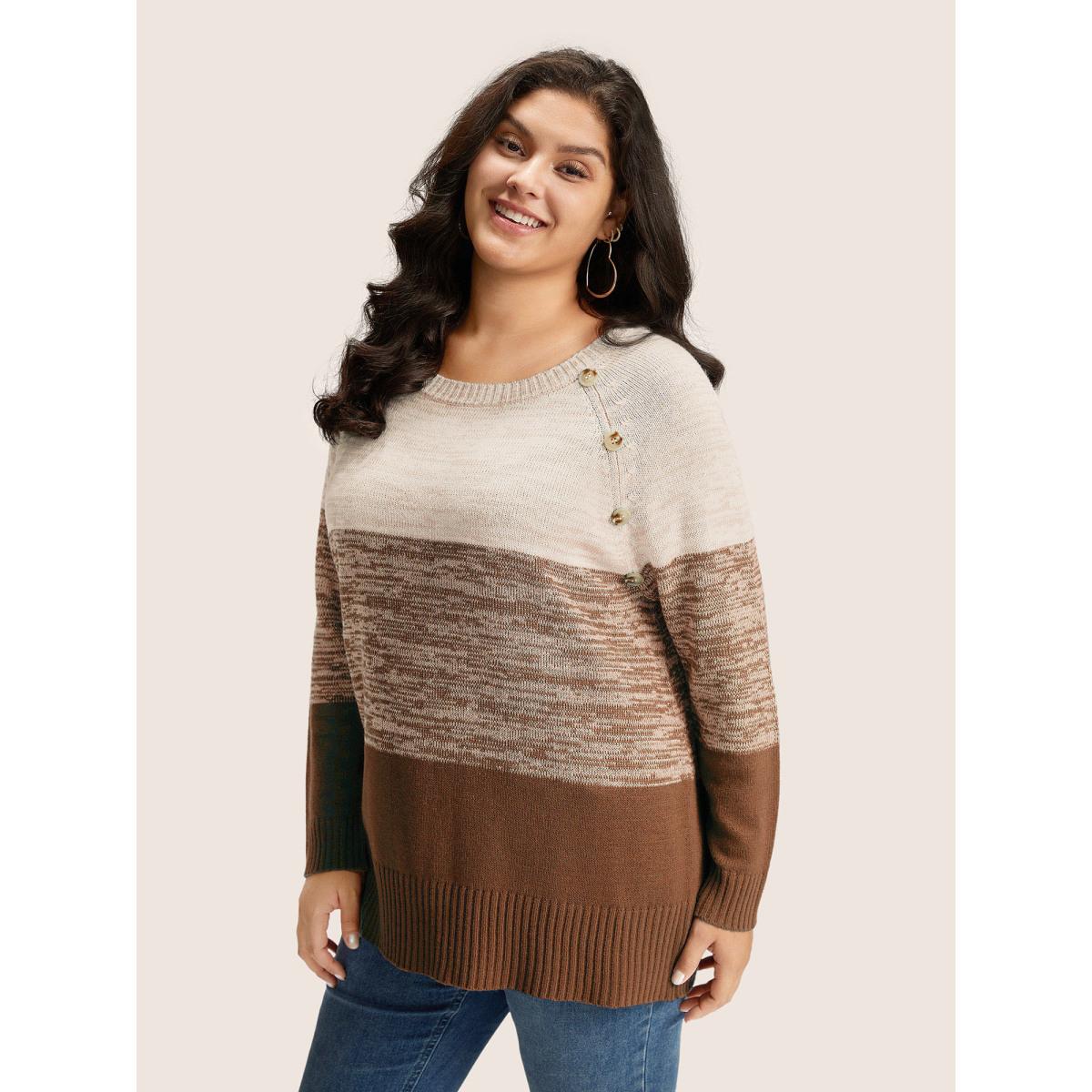 Plus Size Colorblock Contrast Heather Button Detail Pullover DarkBrown Women Casual Long Sleeve Round Neck Everyday Pullovers BloomChic 22-24/3X Product Image