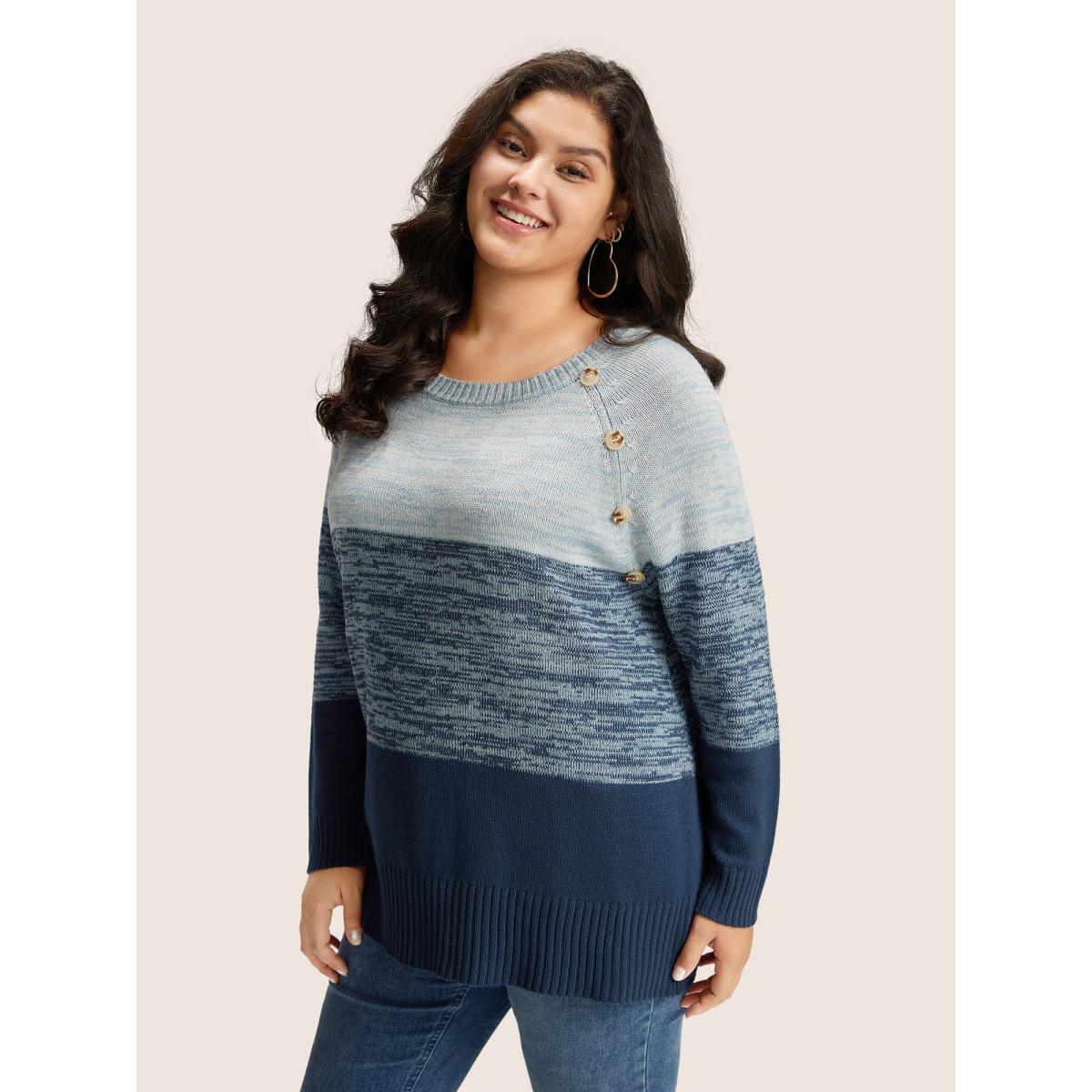 Plus Size Colorblock Contrast Heather Button Detail Pullover Indigo Women Leisure Long Sleeve Round Neck Casual Pullovers BloomChic 22-24/3X Product Image