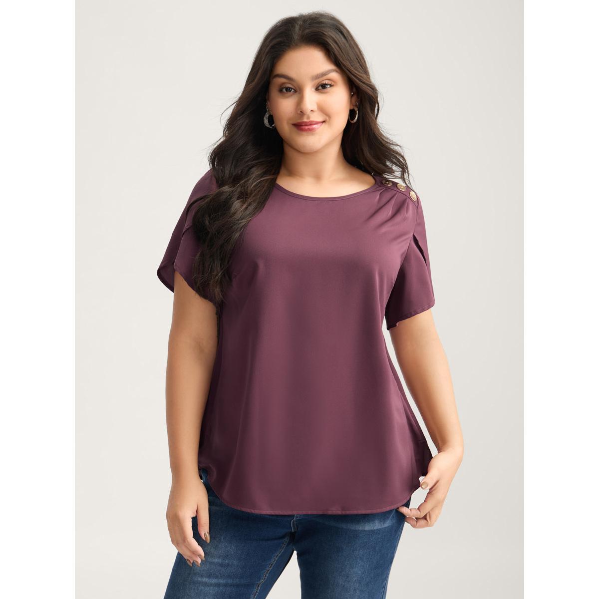 Plus Size Plum Petal Sleeve Shoulder Button Solid Blouse Women Short sleeve Round Neck Work Blouses BloomChic 18-20/2X Product Image
