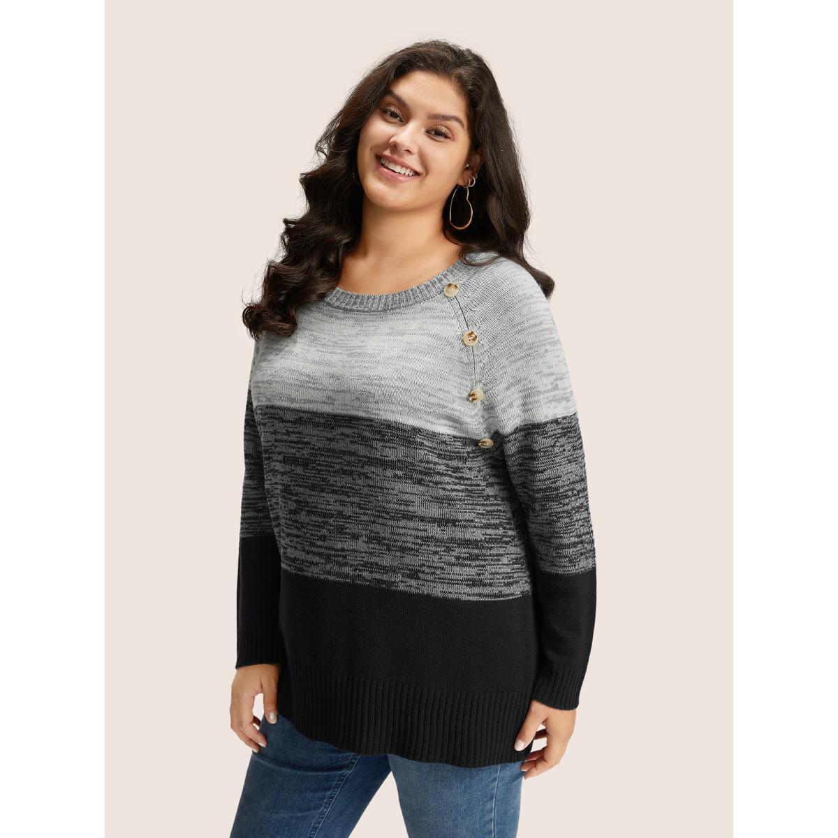Plus Size Colorblock Contrast Heather Button Detail Pullover Black Women Leisure Long Sleeve Round Neck Casual Pullovers BloomChic 18-20/2X Product Image