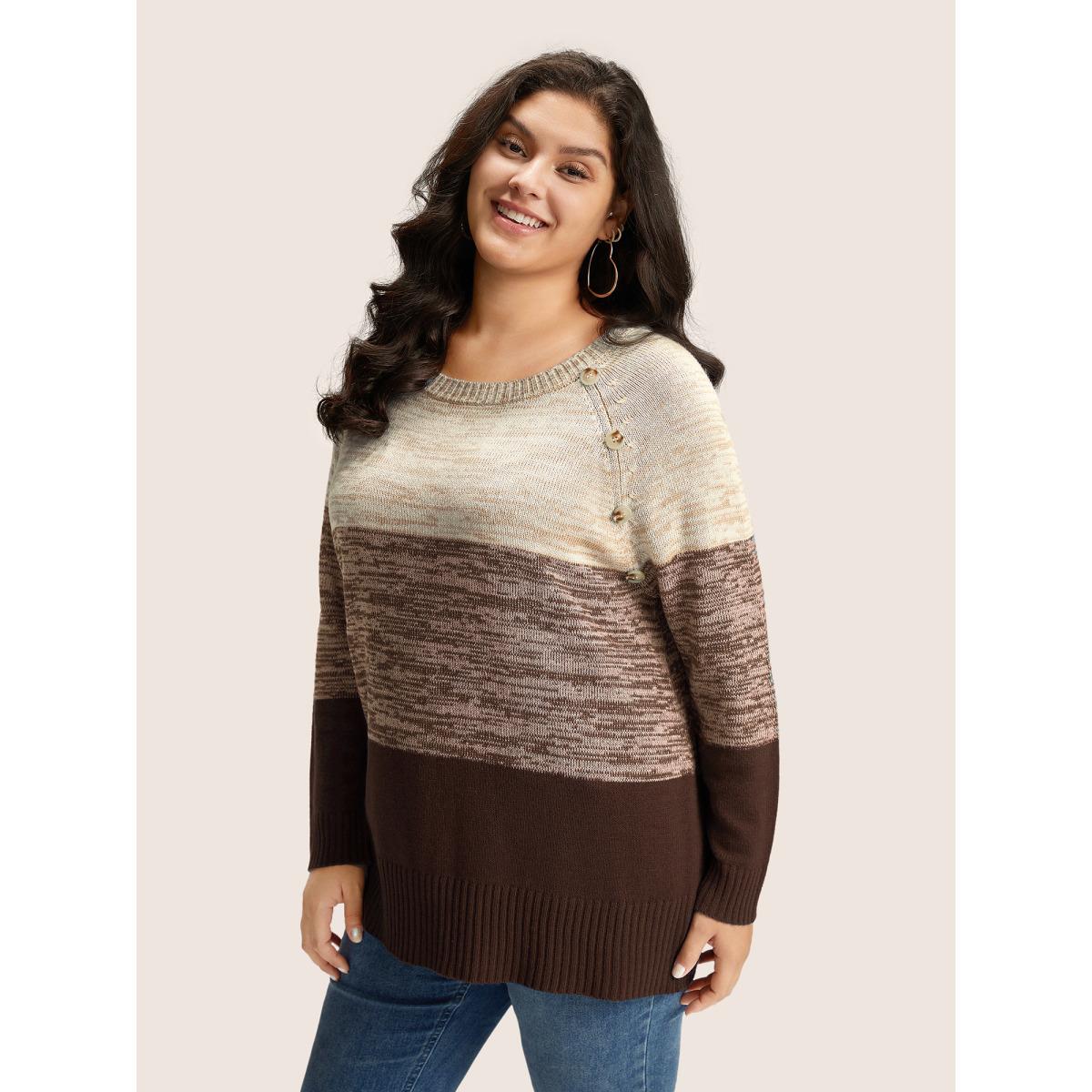 Plus Size Colorblock Contrast Heather Button Detail Pullover Browncoffeecolor Women Casual Long Sleeve Round Neck Everyday Pullovers BloomChic 14-16/1X Product Image