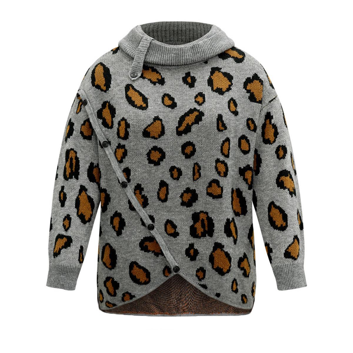 Plus Size Anti-Pilling Leopard PrintLapel Collar Button Detail Pullover Gray Women Casual Loose Long Sleeve Lapel Collar Dailywear Pullovers BloomChic 14-16/1X Product Image