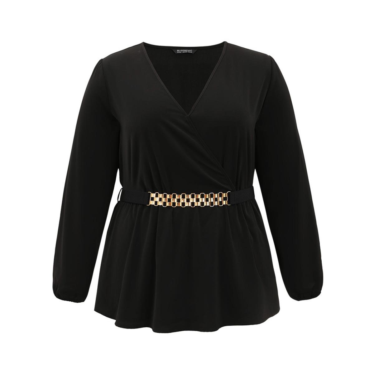 Plus Size Black Solid Wrap Flutters Style Accents Belted Blouse Women Office Long Sleeve V-neck Office Blouses BloomChic 22-24/3X Product Image