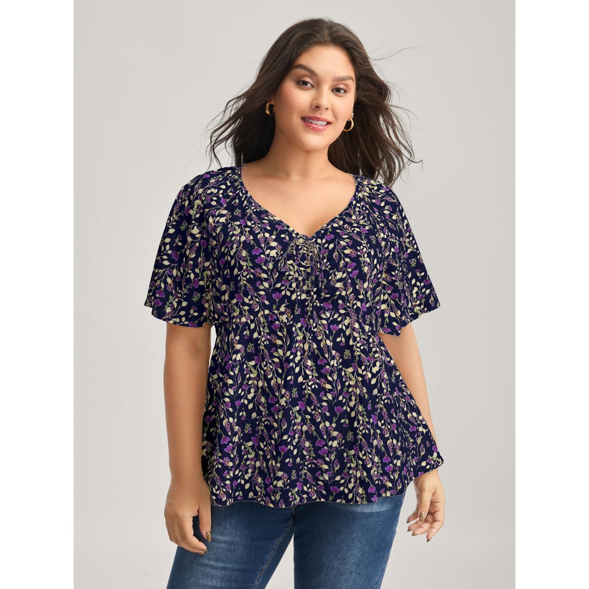Plus Size Indigo Bust-Comfort Floral Print Tie Blouse Women Timeless Short sleeve V-neck Elegant Blouses BloomChic 28/5X Product Image