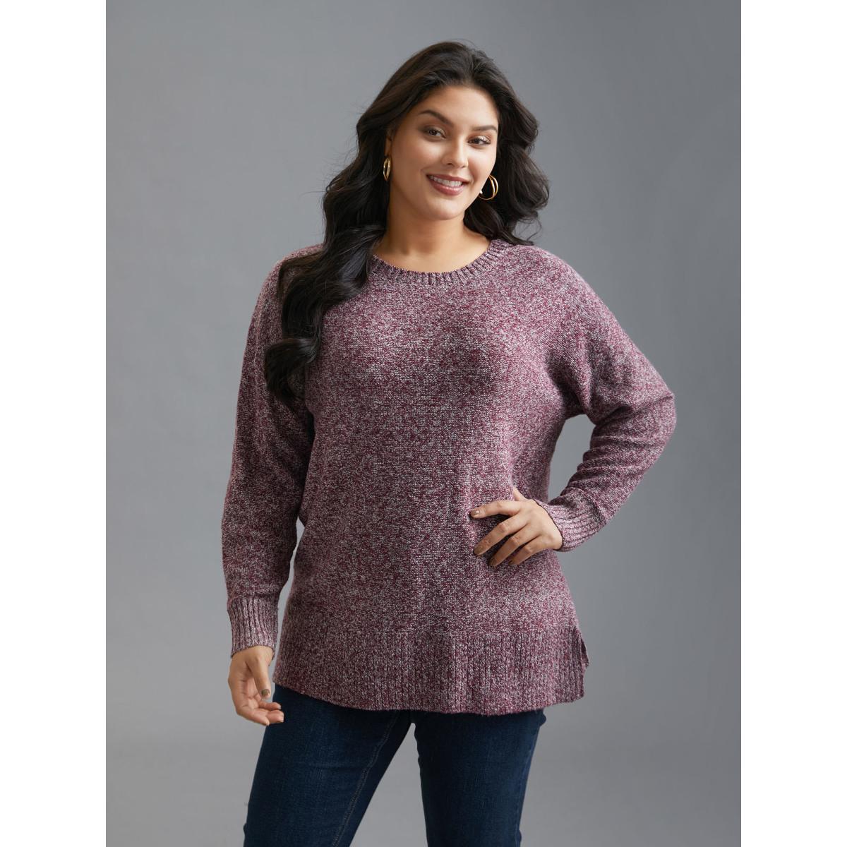 Plus Size Texture Bowknot Cut Out Slit Hem Pullover Plum Women Leisure Loose Long Sleeve Round Neck Casual Pullovers BloomChic 30/6X Product Image