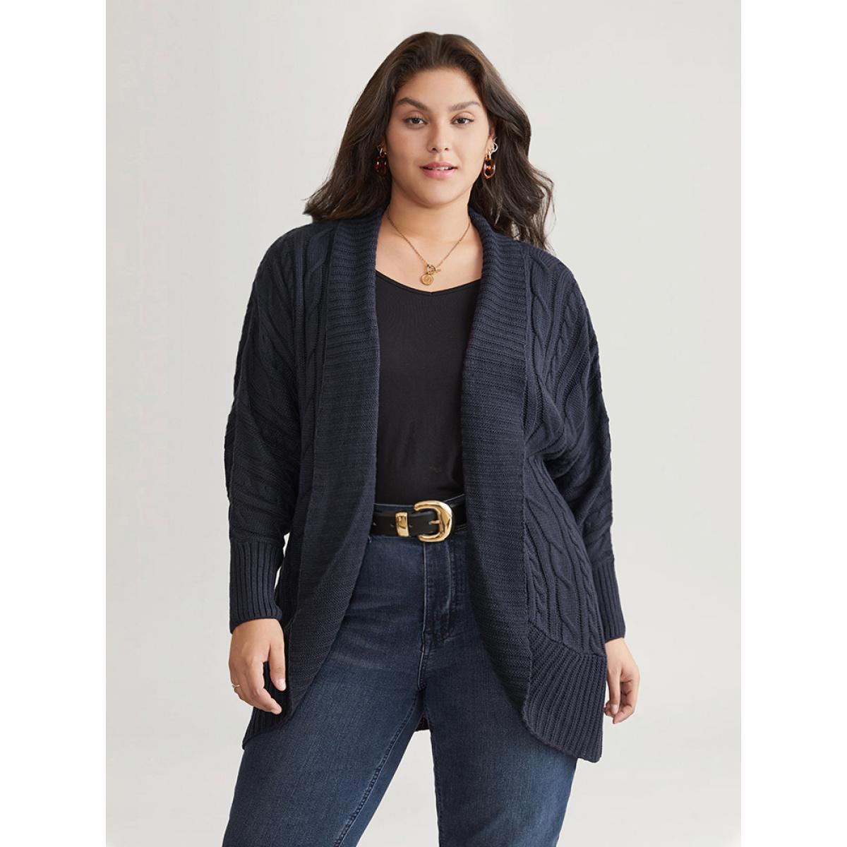 Plus Size Solid Cable Knit Texture Arc Hem Dolman Sleeve Cardigan Midnight Women Casual Loose Long Sleeve Dailywear Cardigans BloomChic 30/6X Product Image