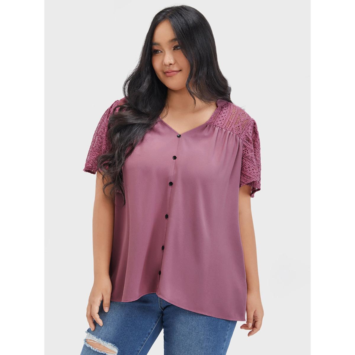 Plus Size DustyPink Plain Contrast Lace Ruffles Button V Neck Blouse Women Casual Short sleeve V-neck Dailywear Blouses BloomChic 22-24/3X Product Image