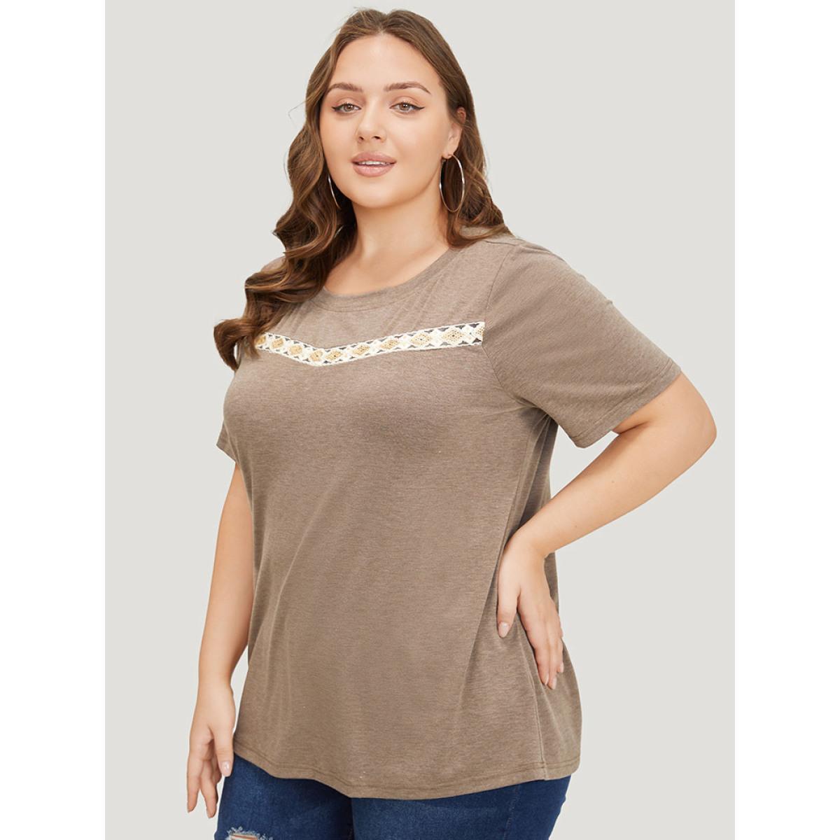 Plus Size Lace Panel Contrast Round Neck T-shirt DarkBrown Women Casual Heather Plain Round Neck Dailywear T-shirts BloomChic 18-20/2X Product Image
