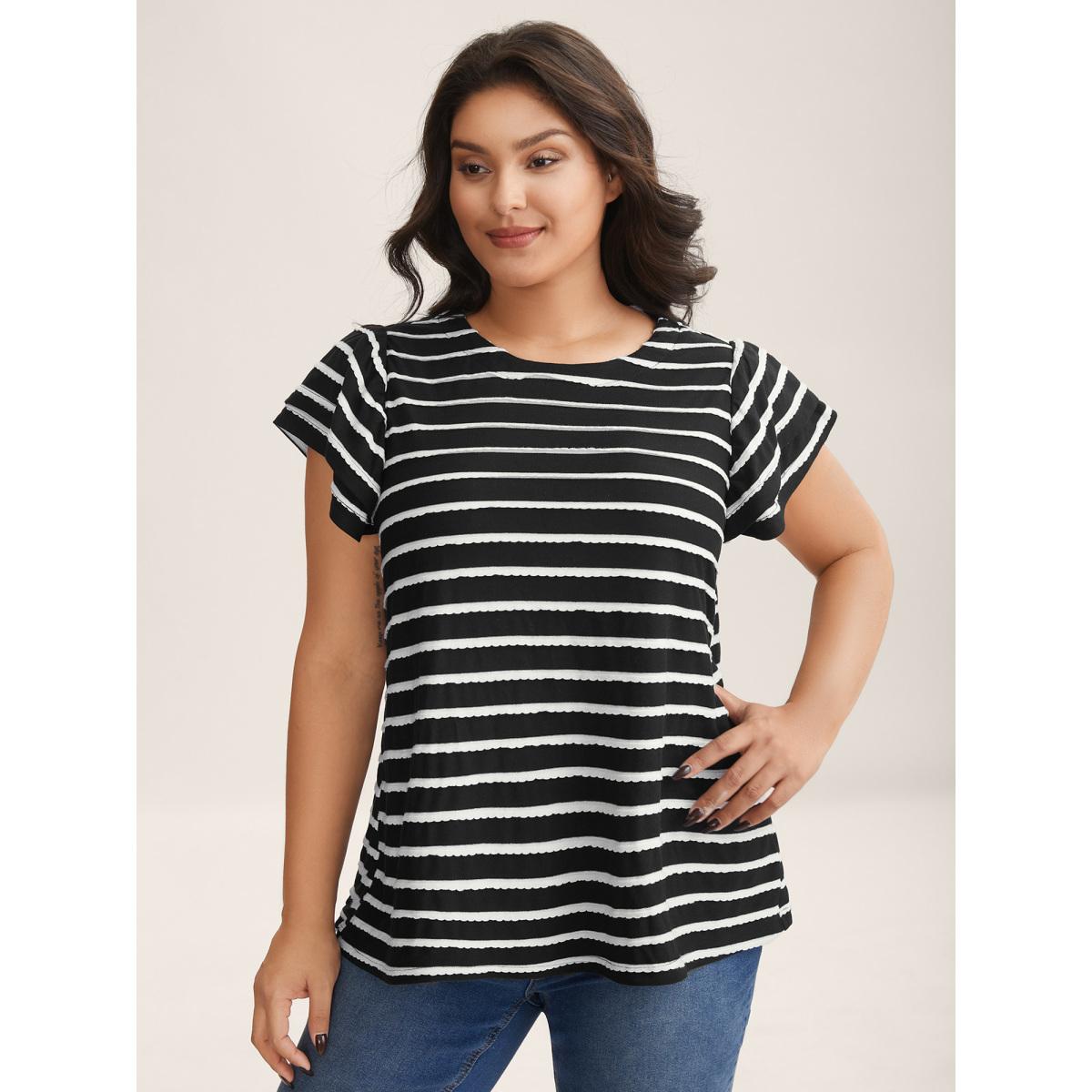 Plus Size Stripe Textured Lotus Leaf Sleeve T-Shirt Black Women Texture Round Neck Everyday-Casual T-shirts BloomChic 22-24/3X Product Image