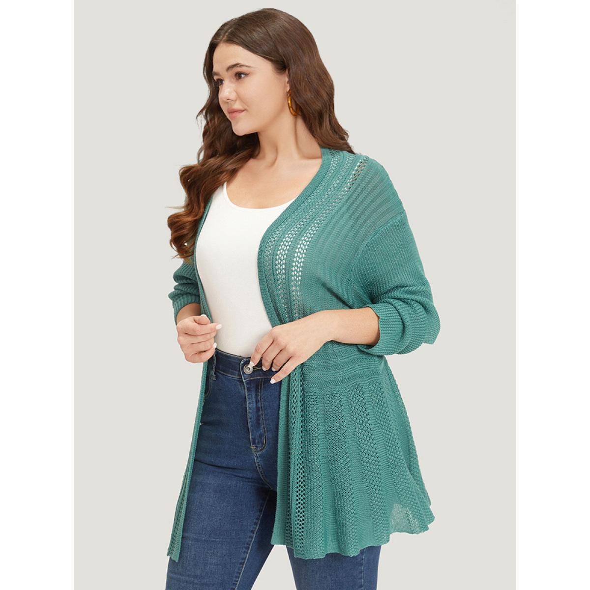 Plus Size Plain Hollow Out Drop Shoulder Open Front Cardigan Emerald Women Casual Loose Long Sleeve Everyday Cardigans BloomChic 22-24/3X Product Image