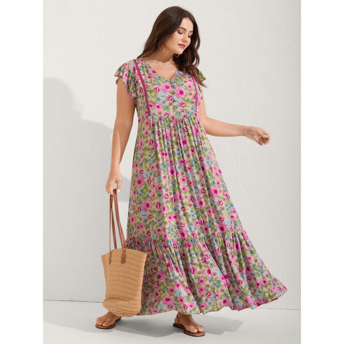 Plus Size Sweet Floral Lace Trim Tiered Maxi Dress Multicolor Women Boho V-neck Cap Sleeve Curvy BloomChic 10/M Product Image