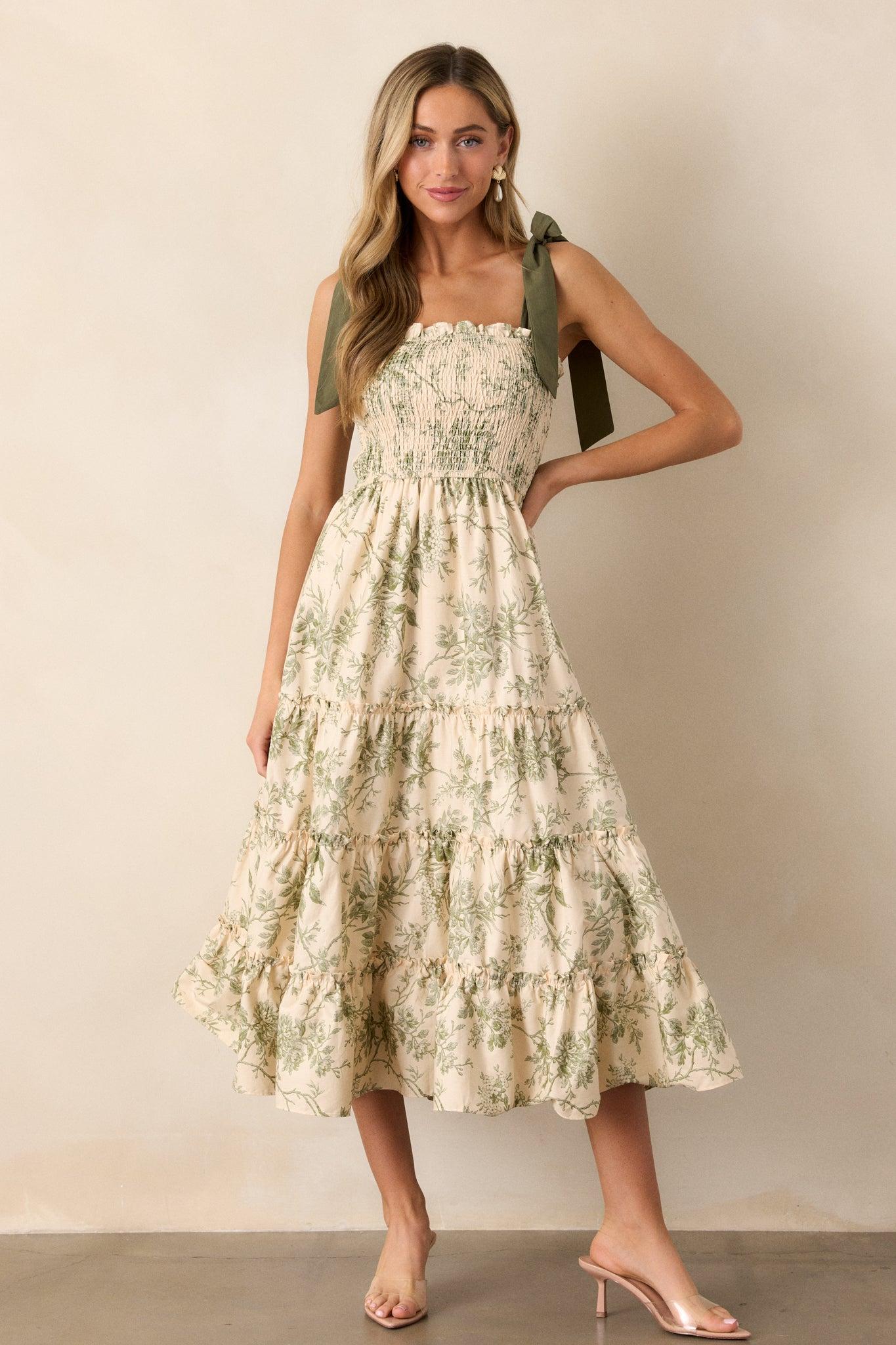 Wildflower Whisper 100% Cotton Ivory Green Floral Midi Dress Product Image