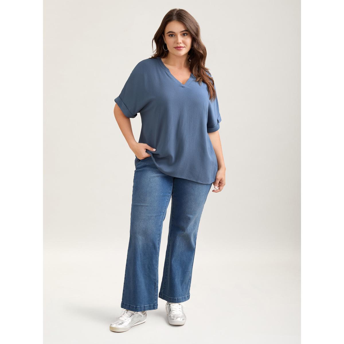 Plus Size Aegean Rayon Dolman Sleeve Notched Collar Blouse Women Casual Short sleeve Flat collar with V-notch Everyday Blouses BloomChic 28/5X Product Image