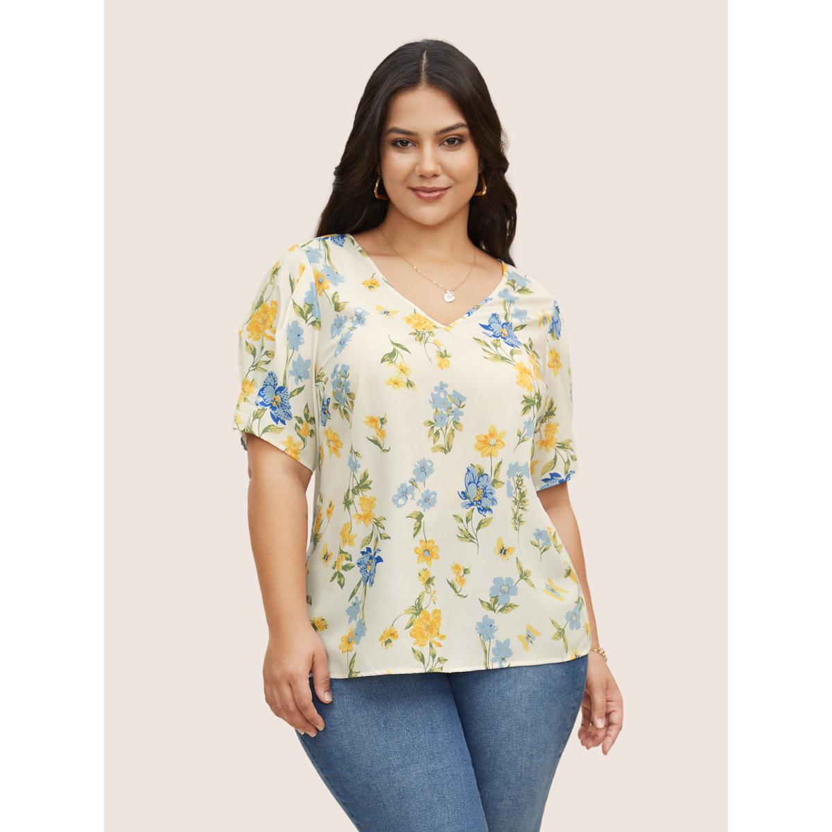 Plus Size Lemonyellow Floral & Butterfly V Neck Bishop Sleeve Blouse Women Elegant Half Sleeve V-neck Everyday Blouses BloomChic 14-16/1X Product Image