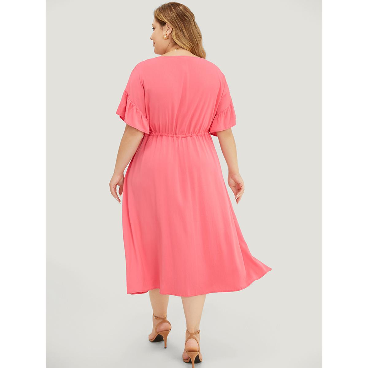Plus Size Solid Flutter Sleeve Button Detail Pocket Drawstring Dress Watermelon Women Vacation Drawstring V-neck Short sleeve Curvy Midi Dress BloomChic 18-20/2X Product Image