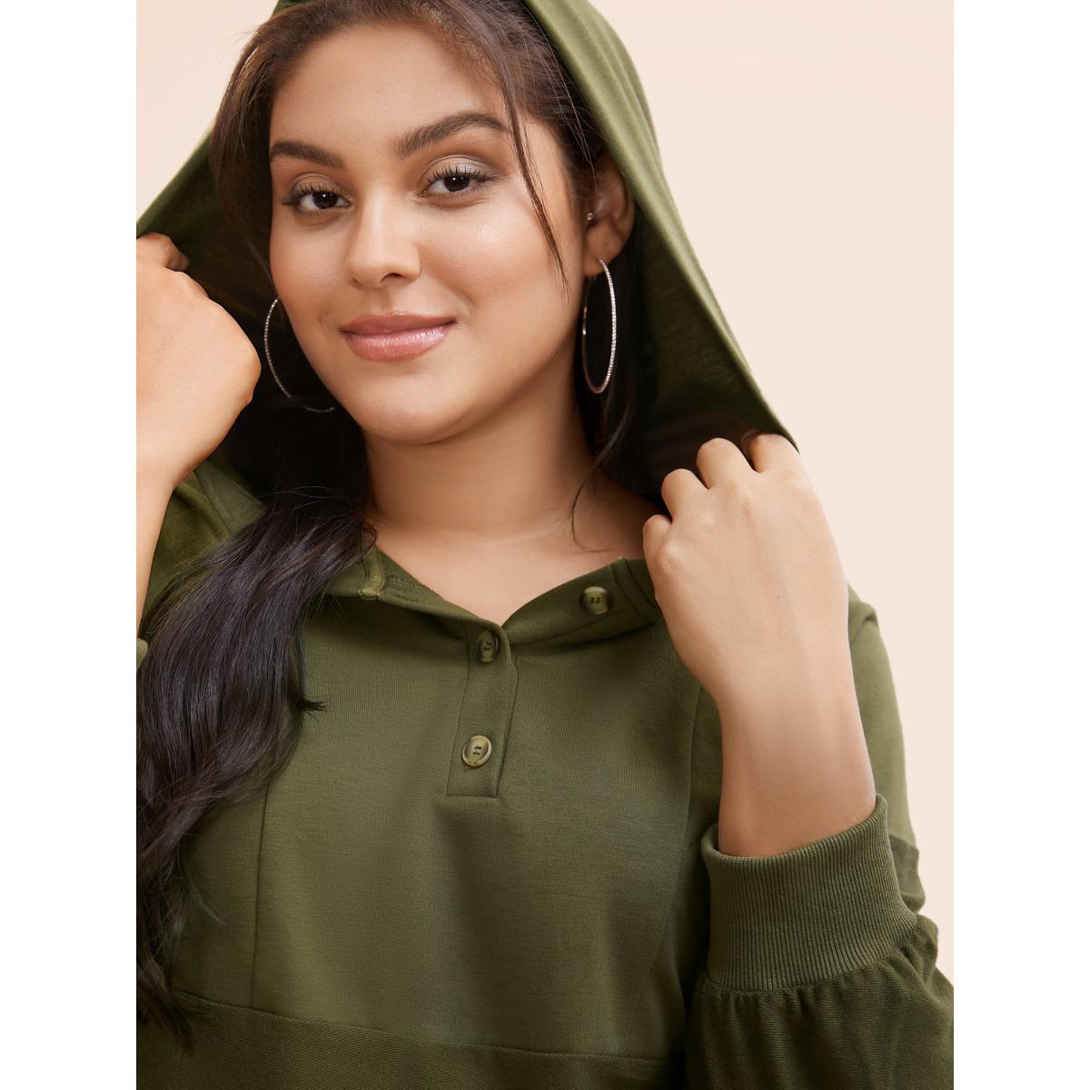 Plus Size Solid Button Up Raglan Sleeve Hooded Sweatshirt Women ArmyGreen Casual Patchwork Hooded Everyday Sweatshirts BloomChic 14-16/1X Product Image