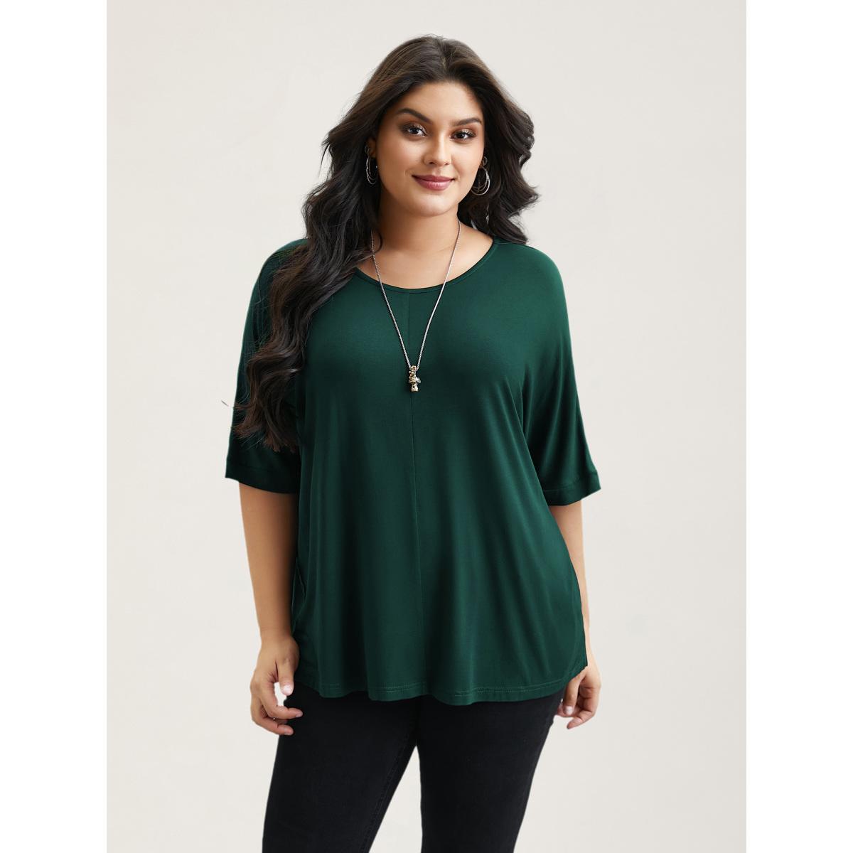 Plus Size Supersoft Round Neck Plain T-Shirt DarkGreen Women Leisure Non Round Neck Casual T-shirts BloomChic 28/5X Product Image