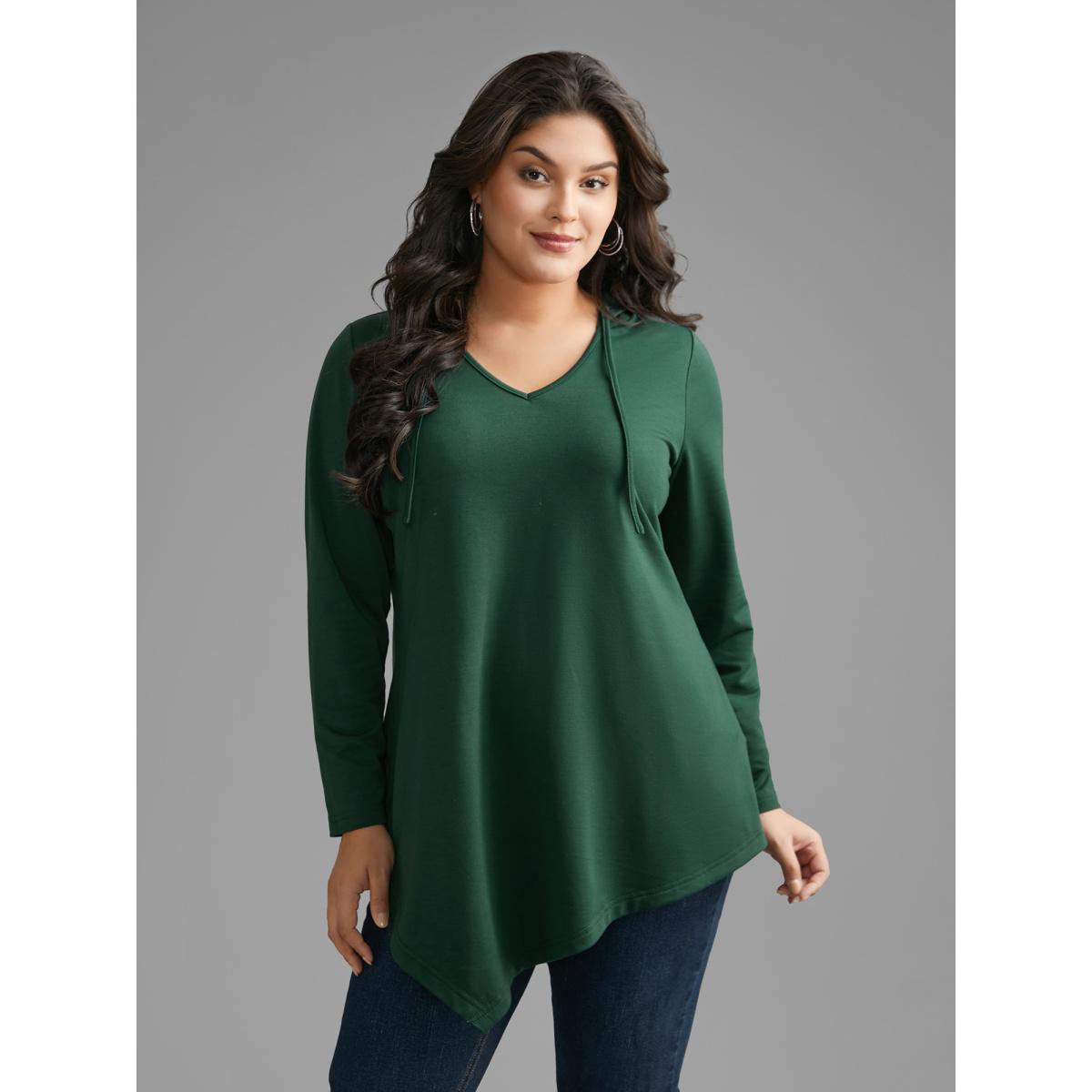 Plus Size Hooded Drawstring Asymmetrical Hem Sweatshirt Women DarkGreen Casual Drawstring Loose Hooded Everyday Sweatshirts BloomChic 14-16/1X Product Image