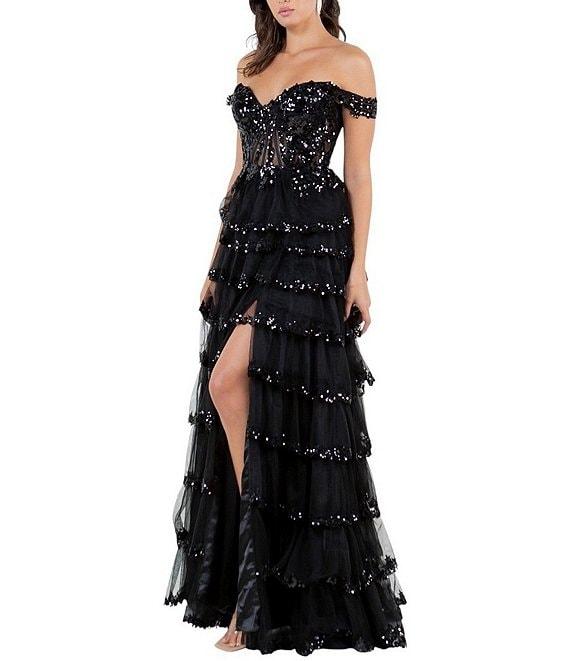 Cinderella Couture Off-The-Shoulder Sequin Beaded Bodice Tiered Tulle Ruffled A-Line Gown Product Image