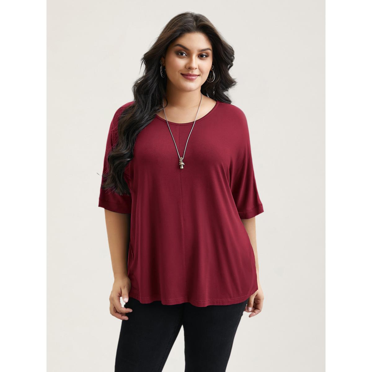 Plus Size Supersoft Round Neck Plain T-Shirt Plum Women Leisure Non Round Neck Casual T-shirts BloomChic 12/L Product Image