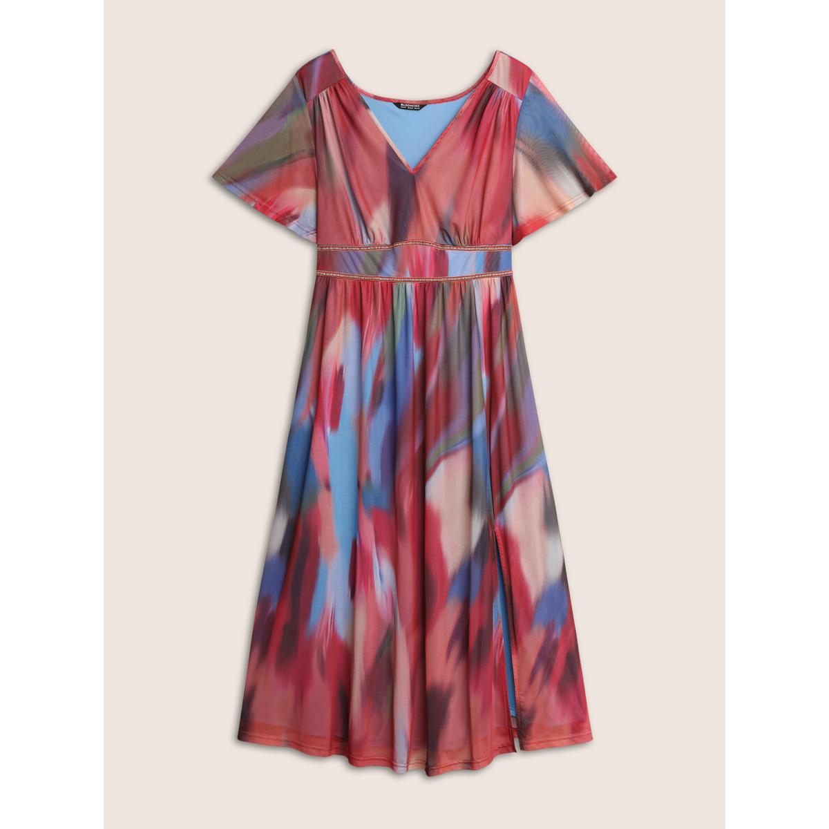 Plus Size Tie Dye Woven Ribbon Split Hem Maxi Dress Multicolor Women Elegant Woven ribbon&lace trim V-neck Short sleeve Curvy BloomChic 14-16/1X Product Image