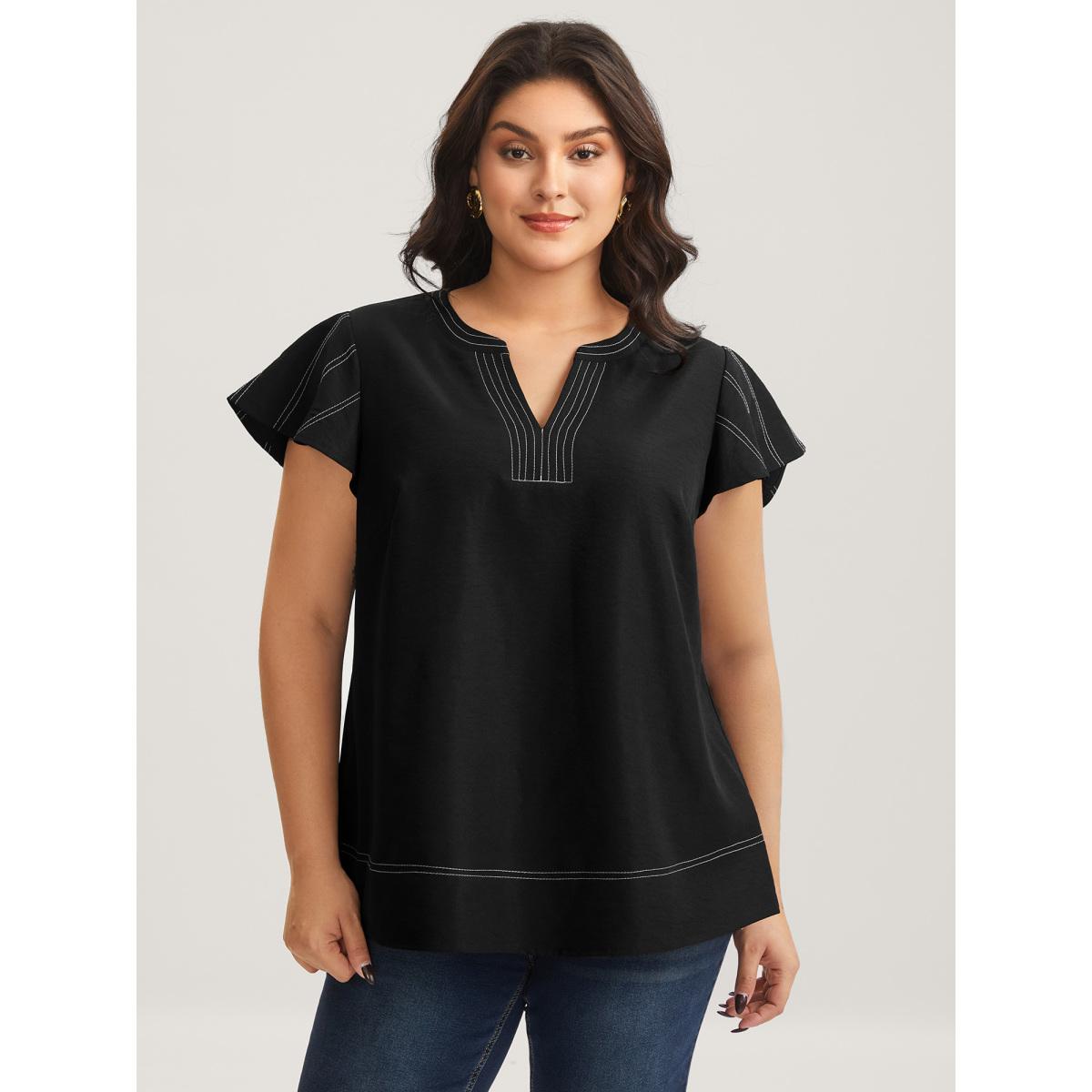 Plus Size Black Color Block Stripe Flutter Sleeve Blouse Women Cap Sleeve Notched collar Work Blouses BloomChic 14-16/1X Product Image