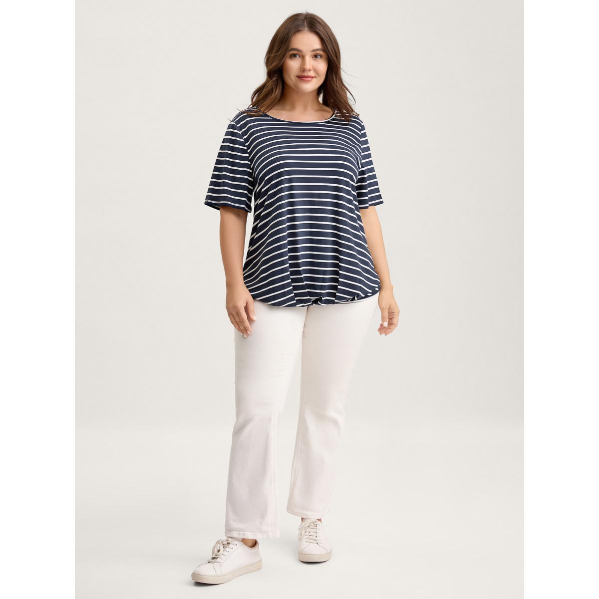 Plus Size Striped Relaxed Fit Round Neck T-Shirt Indigo Women Pleated Round Neck Everyday-Casual T-shirts BloomChic 14-16/1X Product Image