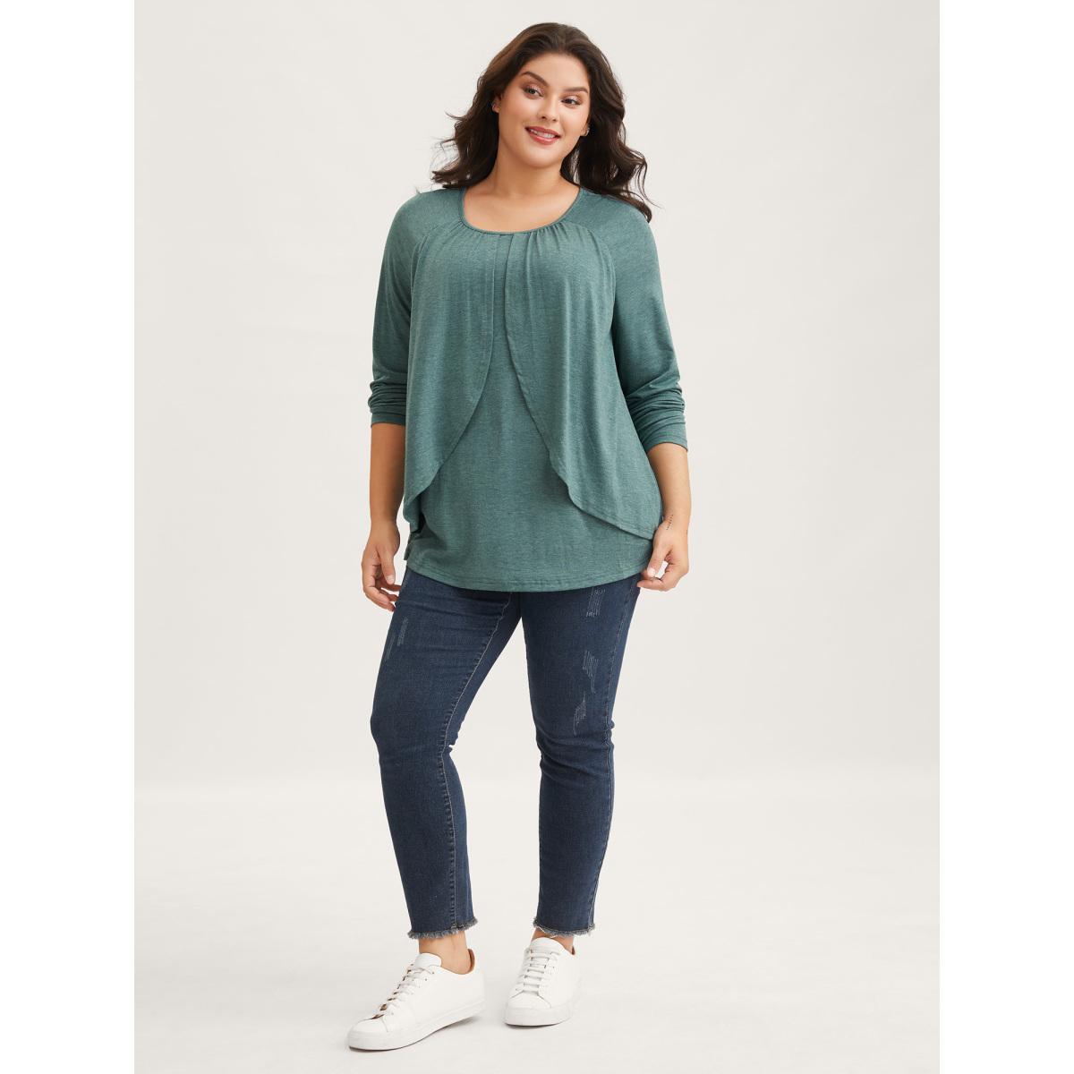 Plus Size 2-In-1 Gathered Ruffle Trim T-Shirt Teal Women Timeless Gathered Round Neck Elegant T-shirts BloomChic 12/L Product Image