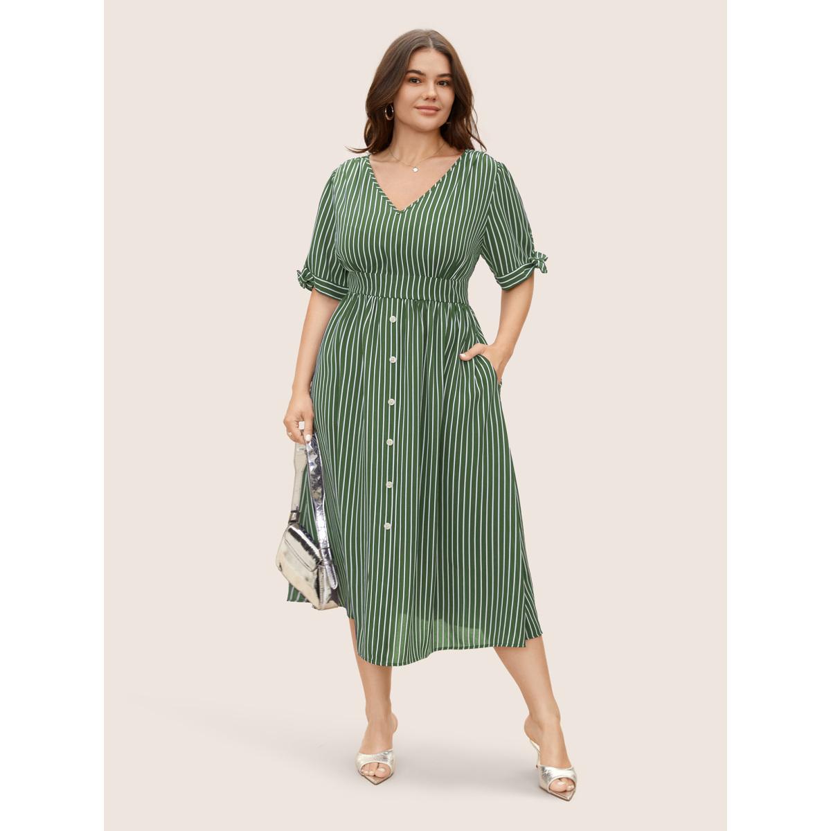 Plus Size Striped Knot Sleeve Button Detail Dress Truegreen Women At the Office Tie knot V-neck Short sleeve Curvy BloomChic 26/4X Product Image