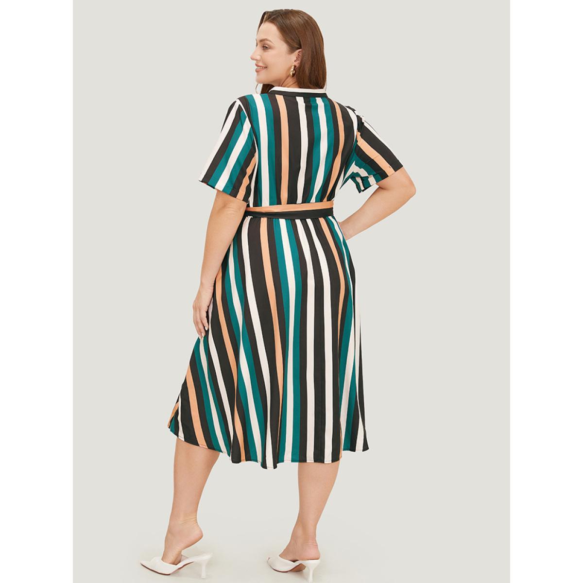 Plus Size Striped Contrast Button Detail Belt Pocket Notched Dress Multicolor Women Office Belted Notched collar Short sleeve Curvy Midi Dress BloomChic 28/5X Product Image