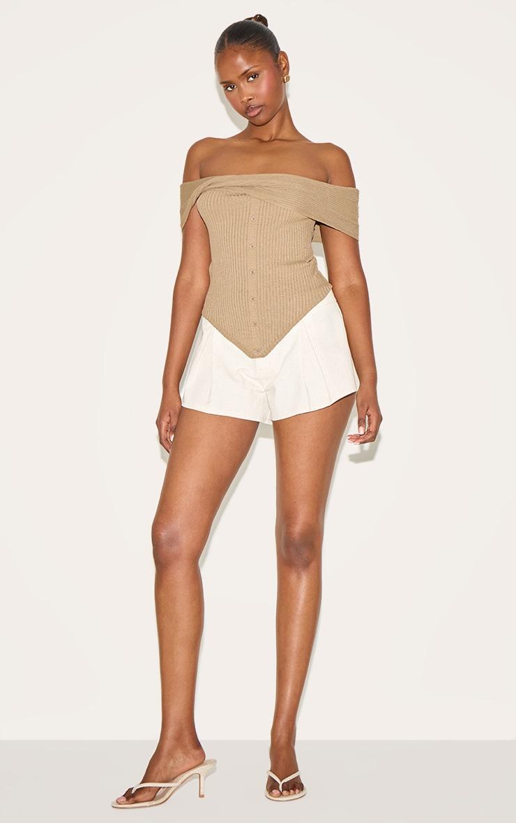 Taupe Rib Knit Twist Bardot Button Through Top Product Image