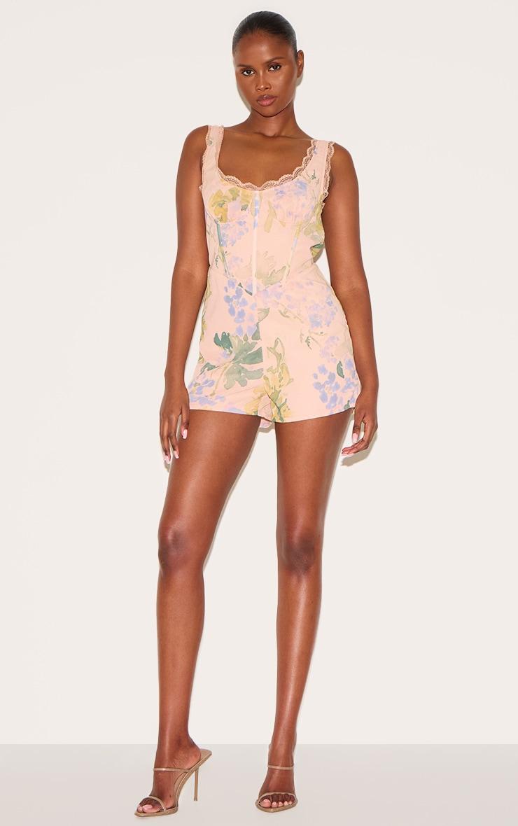 Pink Floral Printed Chiffon Corset Detail Romper Product Image