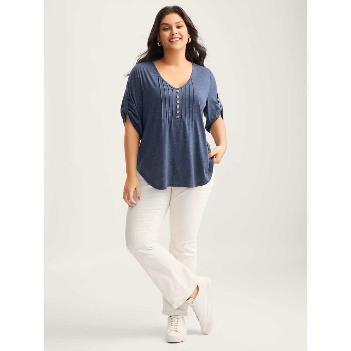 Plus Size Supersoft Tab Sleeve Placket T-Shirt Stone Women Leisure V-neck Casual T-shirts BloomChic 14-16/1X Product Image