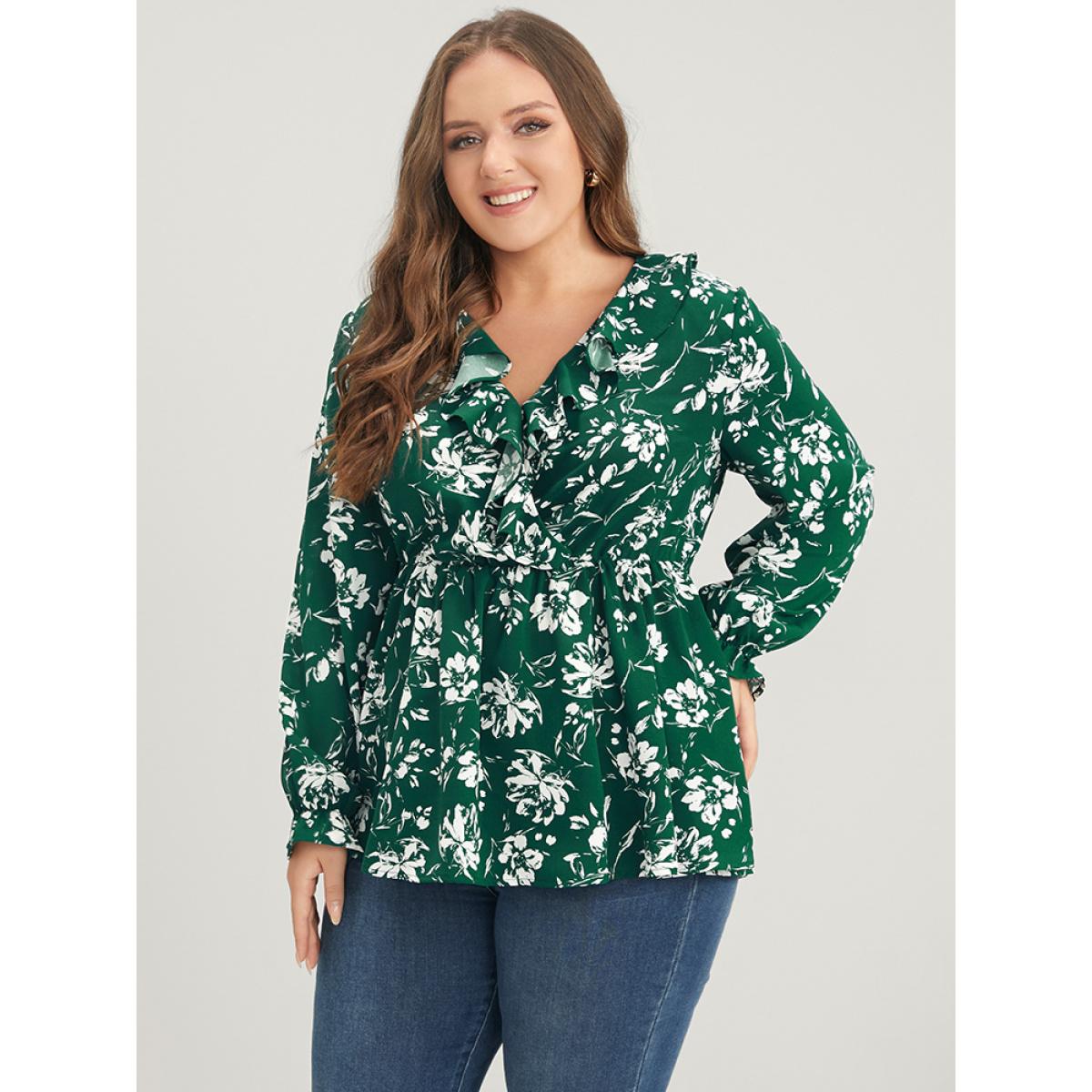 Plus Size DarkGreen Floral Ruffles Trim Lantern Sleeve Blouse Women Casual Long Sleeve V-neck Dailywear Blouses BloomChic 22-24/3X Product Image