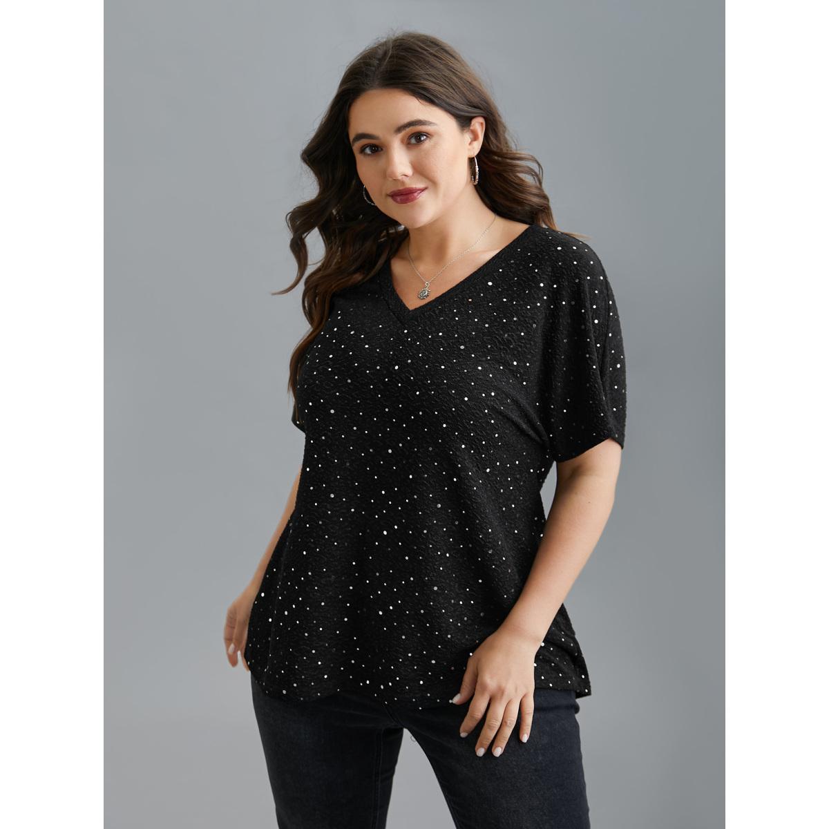 Plus Size V-Neck Sequin Textured T-Shirt Black Women Casual Rhinestone detailing V-neck Everyday T-shirts BloomChic 14-16/1X Product Image
