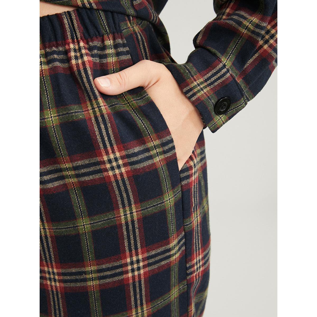Plus Size Plaid Pocket Button Through Pajama Set Women DarkBlue Plaid Button Long Sleeve Shirt collar Casual Loungewear Sets BloomChic 10/M Product Image