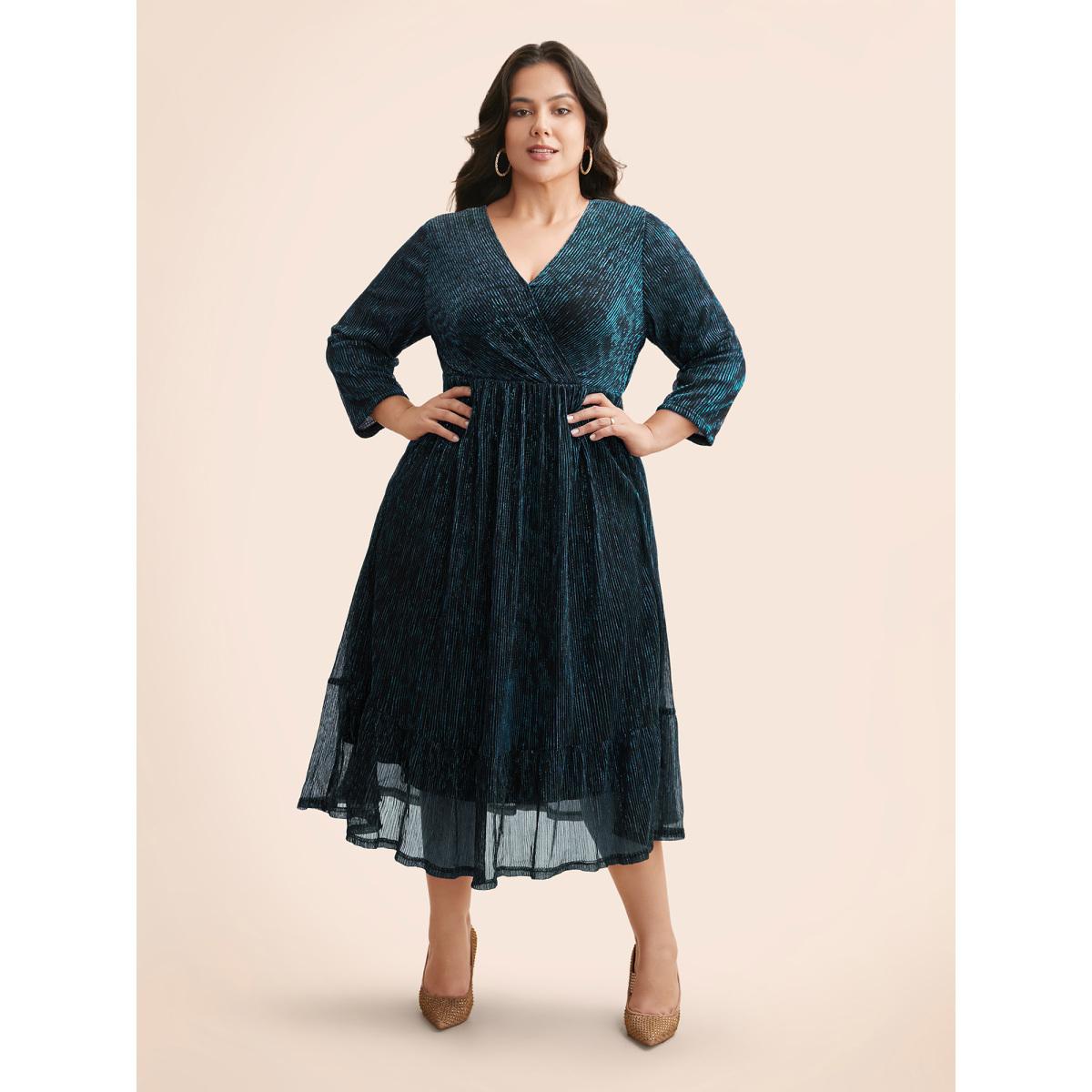 Plus Size Luxe Mesh Pleated Elastic Waist Wrap Dress DarkBlue Women Party&Cocktail Texture Overlap Collar Elbow-length sleeve Curvy Midi Dress BloomChic 28/5X Product Image