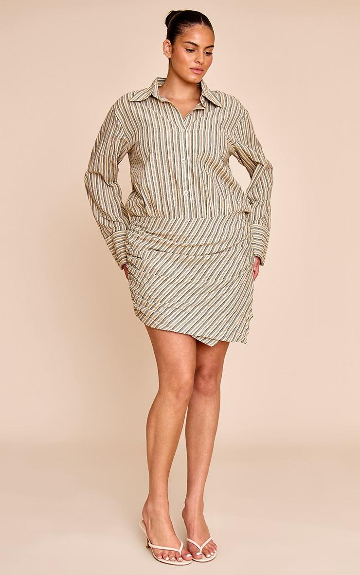 Plus Stone Linen Look Stripe Shirt Style Long Sleeve Skort Romper Product Image