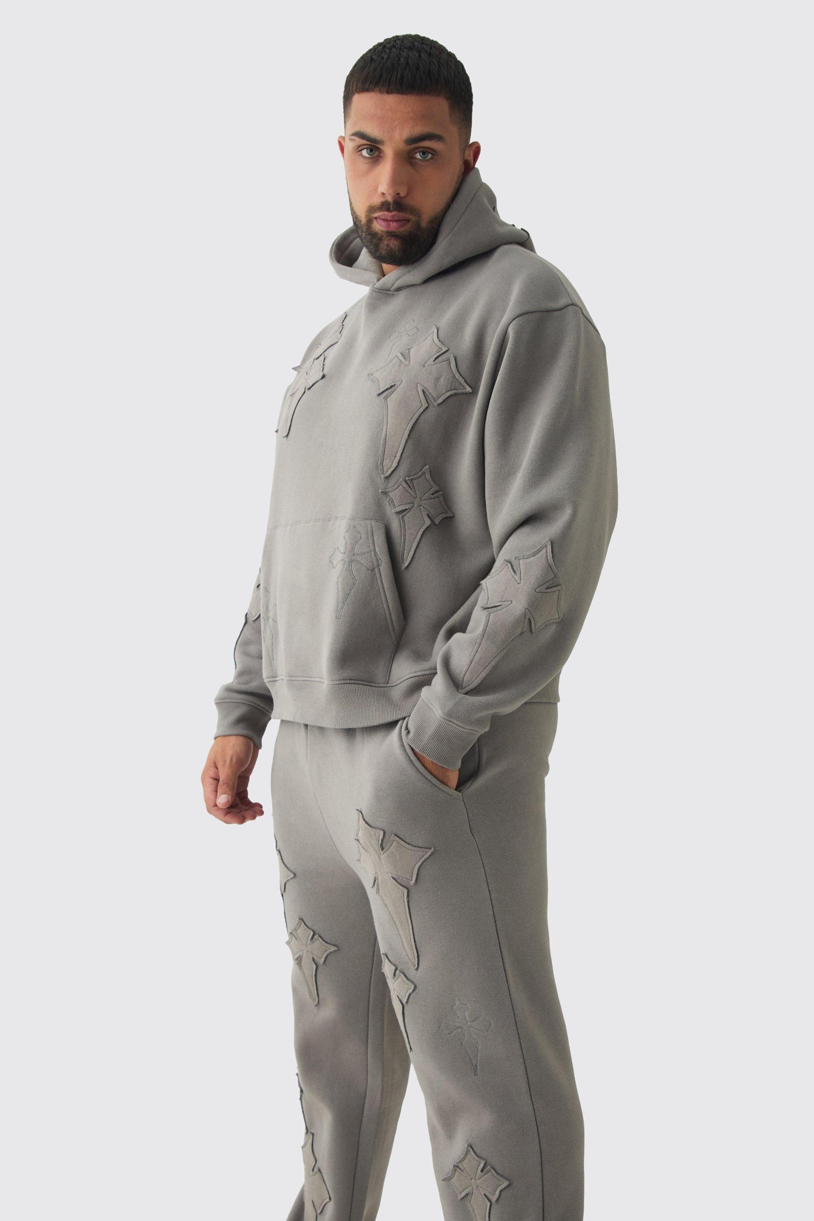 Plus Oversized Boxy Cross Applique & Relaxed Sweatpants Tracksuit | boohooMAN USA Product Image
