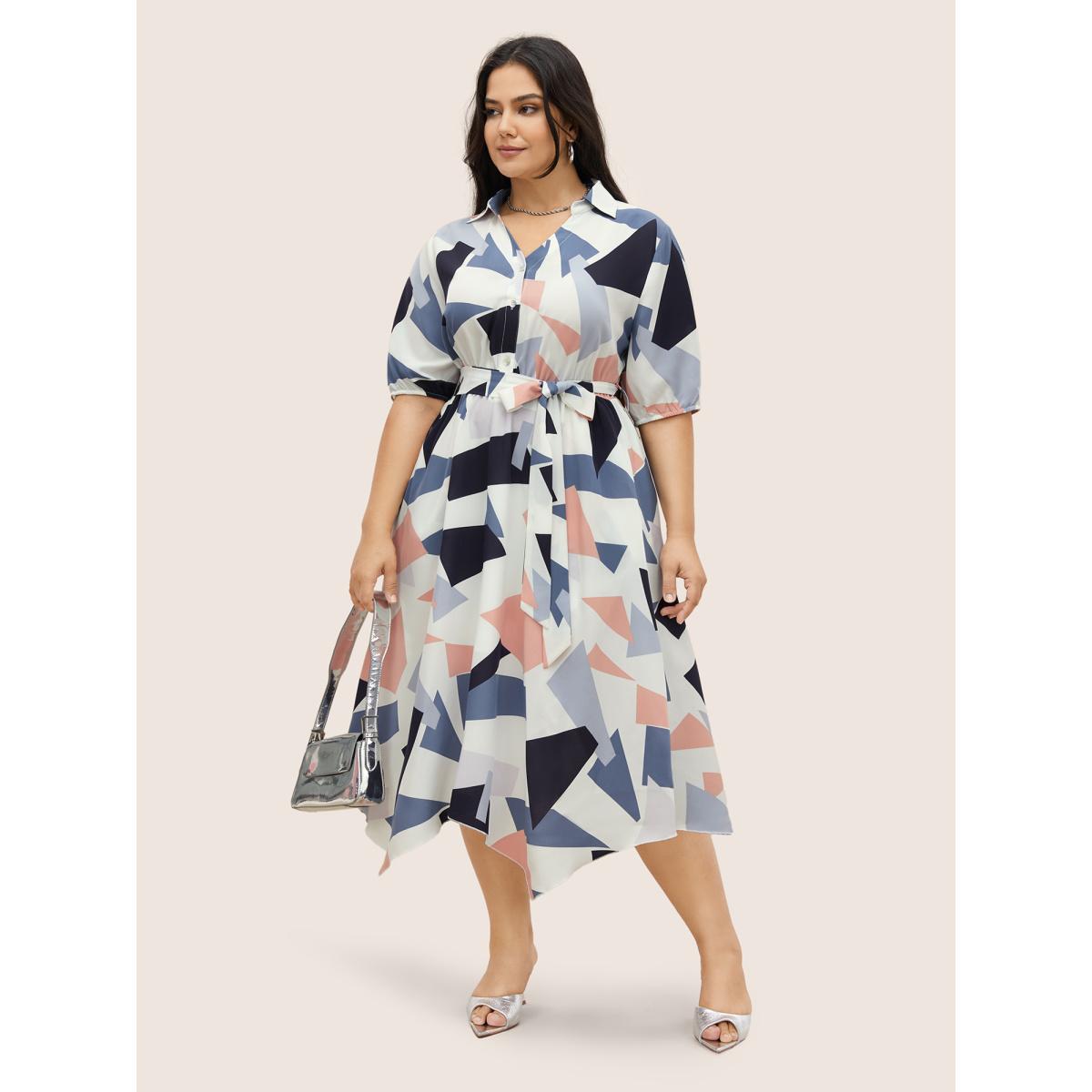 Plus Size Geometric Polo Neck Button Up Belted Dress Beige Women At the Office Belted Shirt collar Short sleeve Curvy Midi Dress BloomChic 10/M Product Image