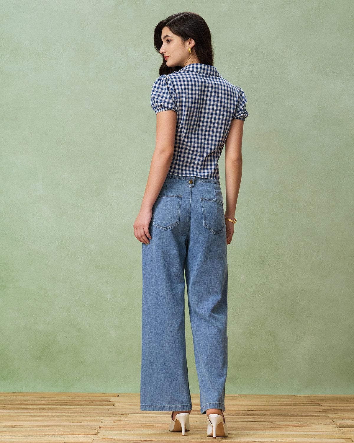 Blue Plaid Puffed Sleeve Blouse Product Image