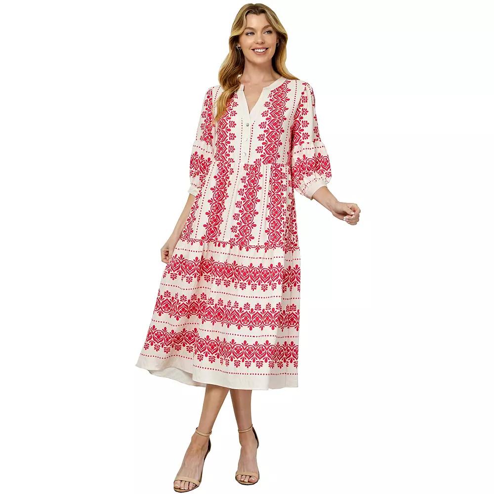 Women's Figueroa & Flower Long Sleeve V-Neck Midi Dress, Size: XL, Ivory Navy Product Image