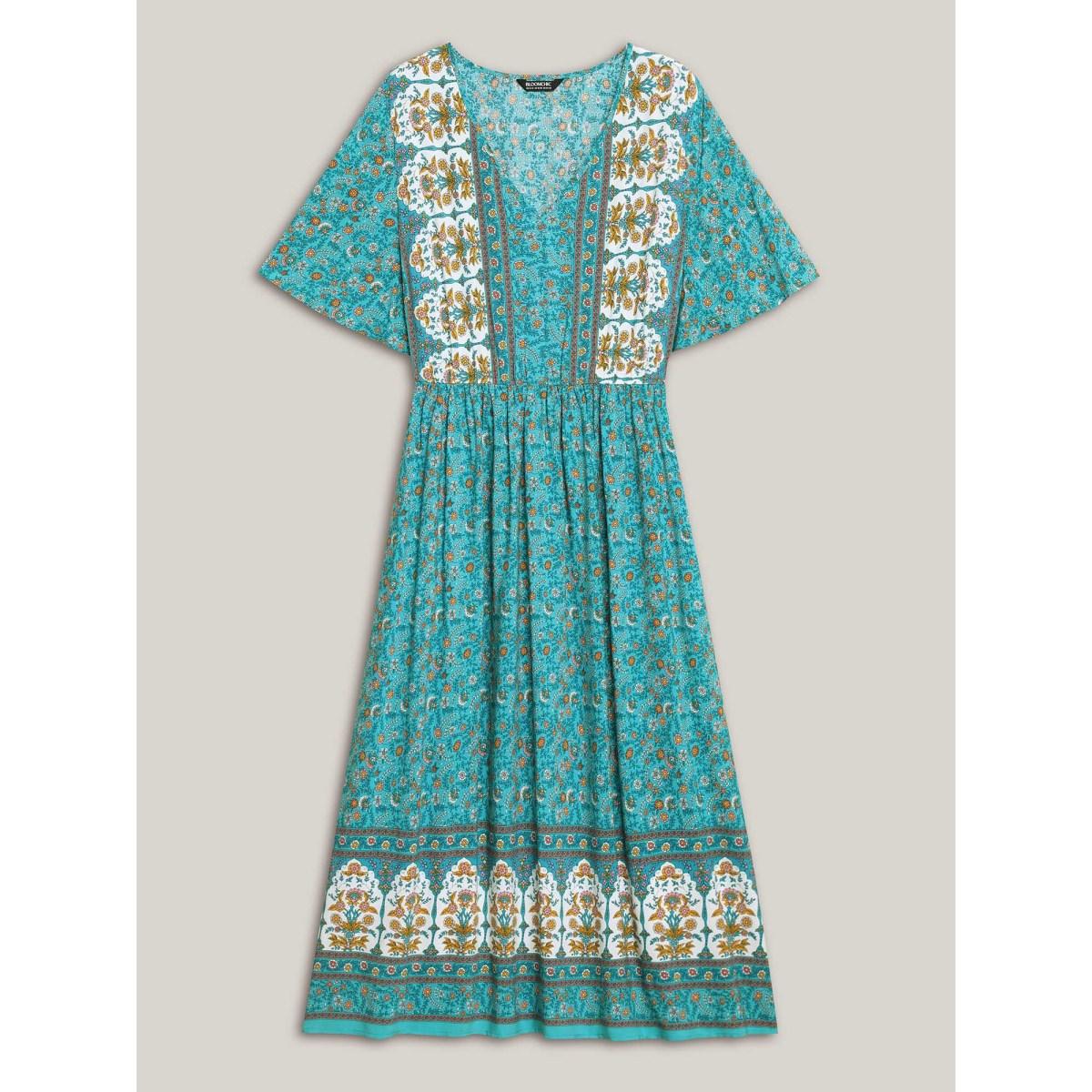 Plus Size Boho Floral Print V-Neck Maxi Dress Cerulean Women Resort Non V-neck Half Sleeve Curvy BloomChic 22-24/3X Product Image