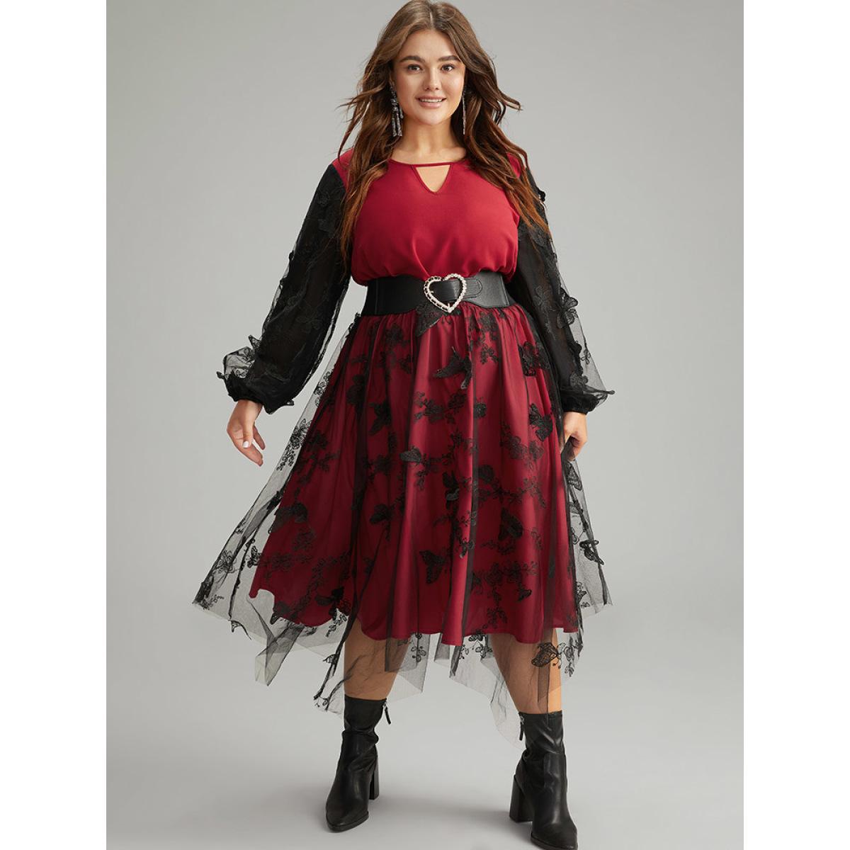 Plus Size Raspberry Butterfly Plisse Patchwork Keyhole Blouse Women Glamour Long Sleeve Keyhole Cut-Out Festival-Halloween Blouses BloomChic 12/L Product Image