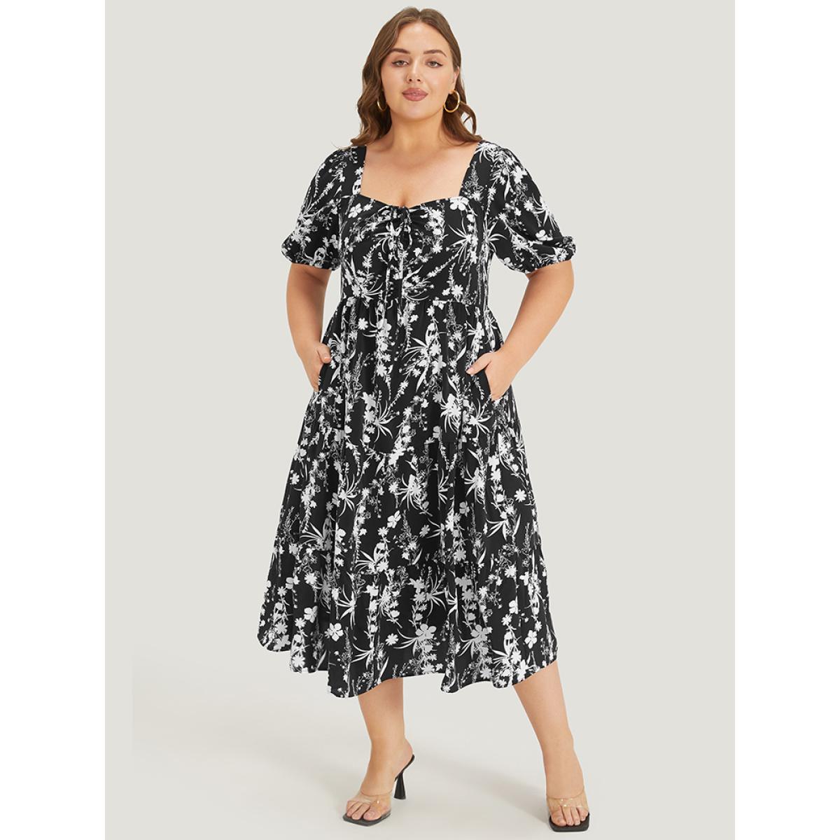Plus Size Floral Puff Sleeve Pocket Ruched Drawstring Ruffle Dress BlackFlower Women Elegant Lined Square Neck Short sleeve Curvy Midi Dress BloomChic 28/5X Product Image