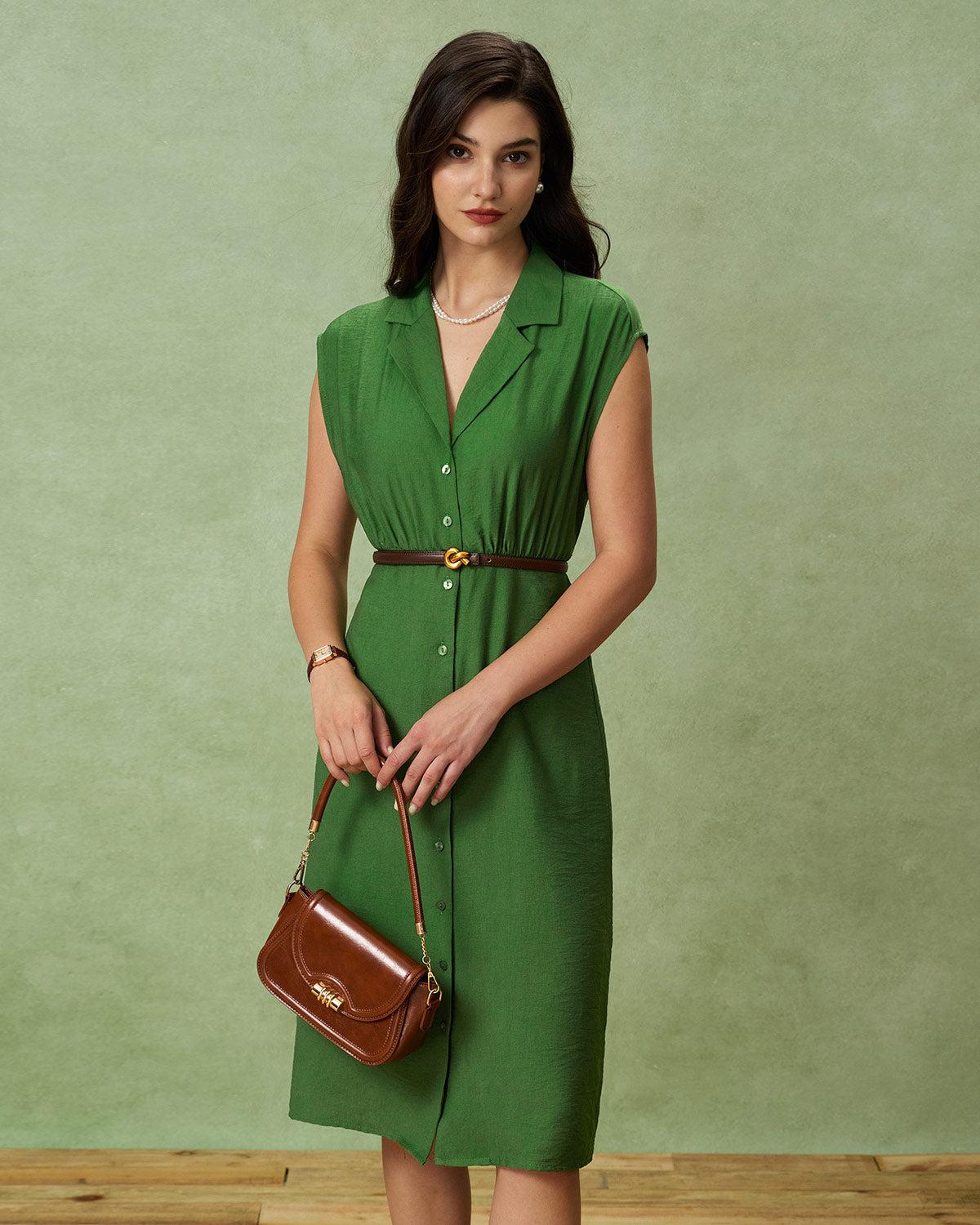 Green Cowl Sleeve Button Midi Dress Product Image