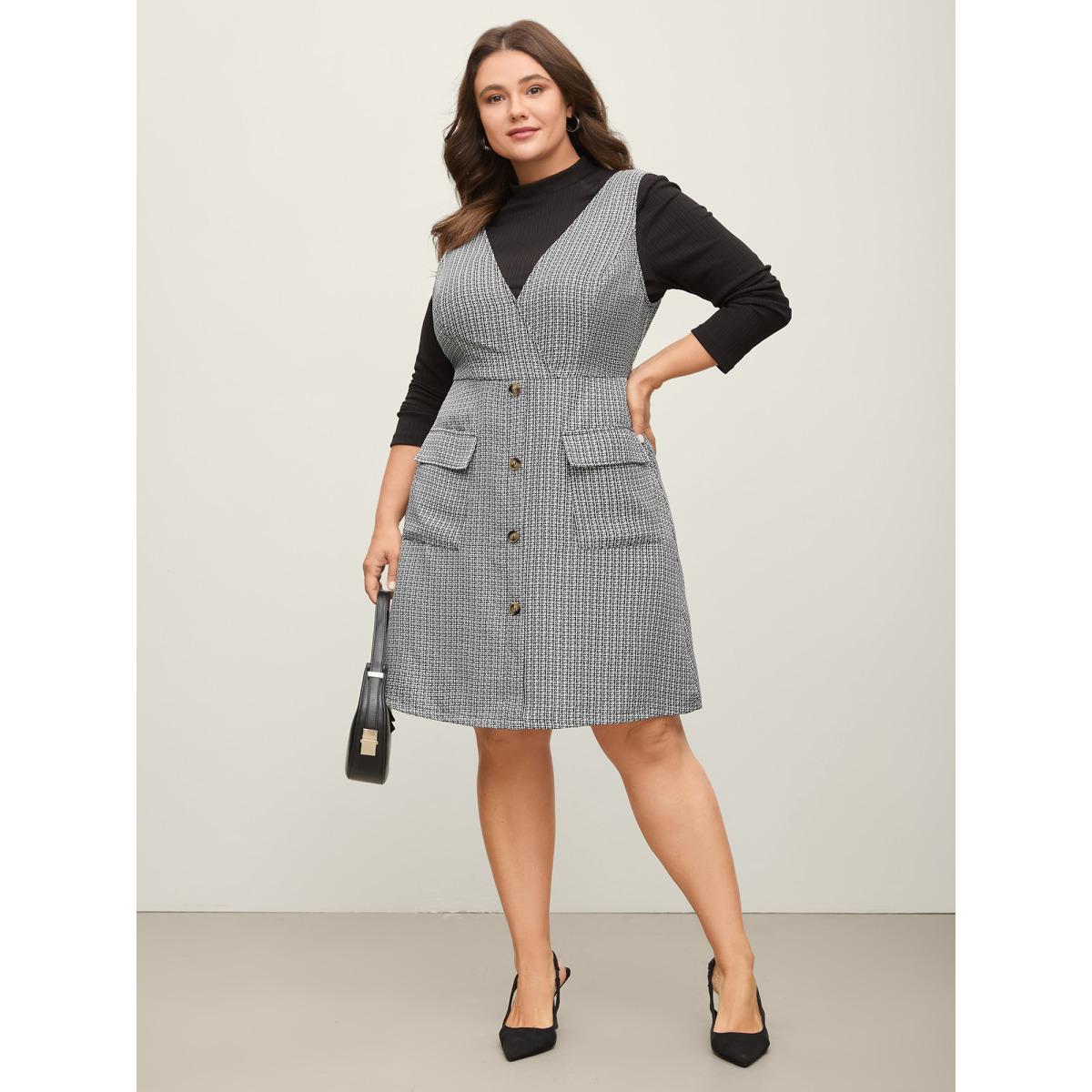 Plus Size Houndstooth Button Detail Pockets Knee Dress Black Women Overlap Collar Sleeveless Curvy BloomChic 14-16/1X Product Image